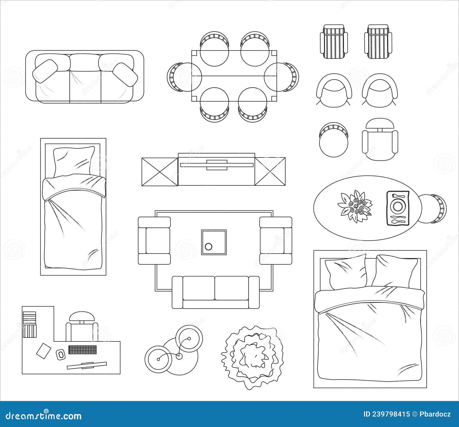 Floor Plan Furniture Set Vector Illustration. Stock Vector