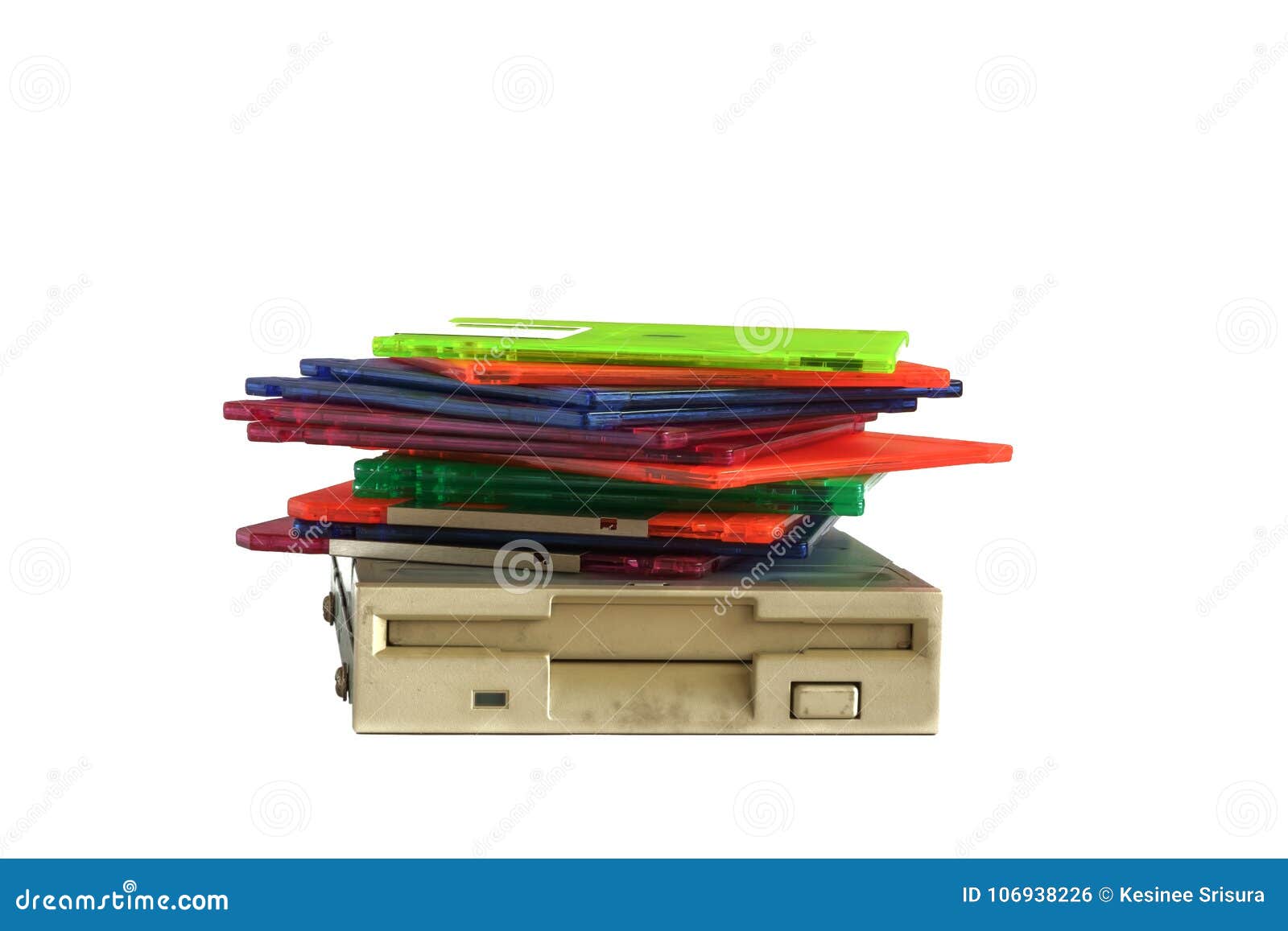 floppy disk drive and diskettes on white background