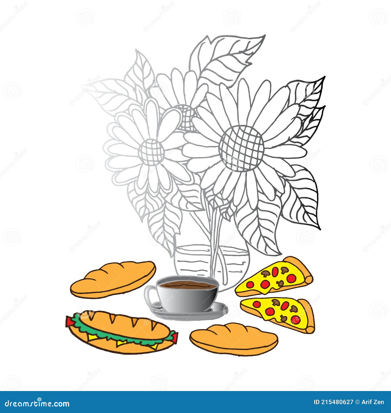 Flor En El Florero Con Alimentos Y Bebidas Sobre Fondo Blanco. Café De La  Mañana. Hora Del Desayuno. Taza De Café Girasol. Empate Stock de  ilustración - Ilustración de garabato, hoja: 215480627