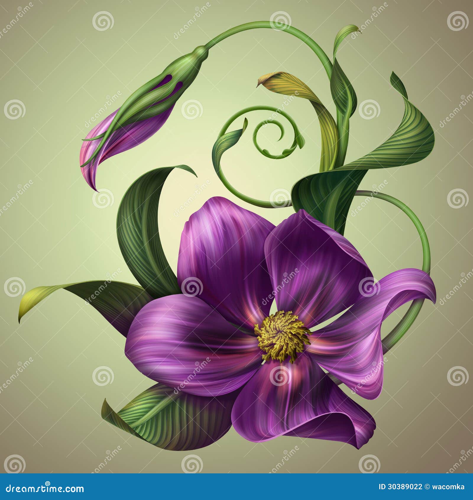 Flor Púrpura De La Fantasía Hermosa Con Las Hojas Verdes Stock de  ilustración - Ilustración de follaje, rosa: 30389022