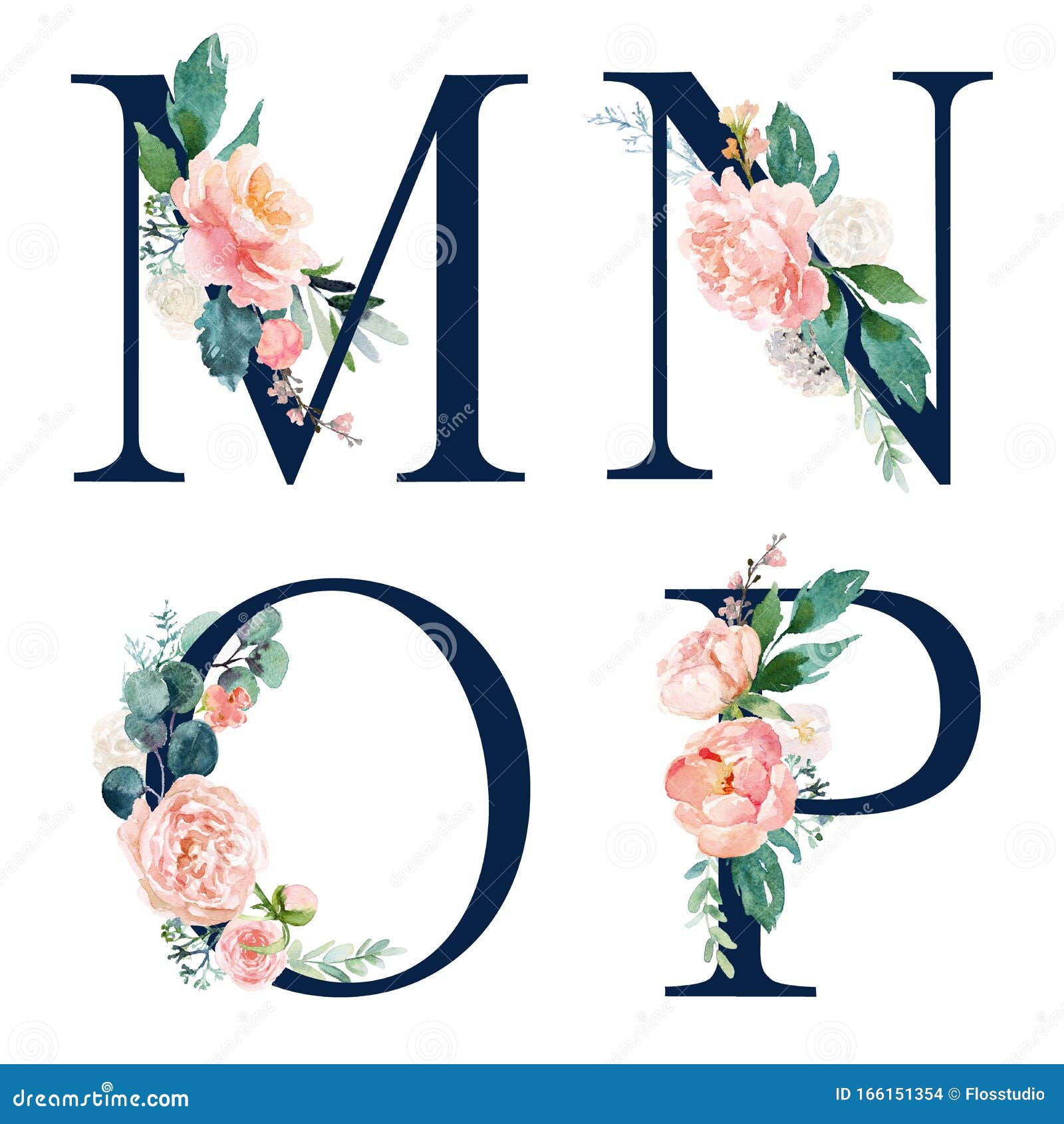 Floral Alphabet Set Set Of Navy Letters M N O P With Flowers Bouquet Composition Stock Illustration Illustration Of Font Leaf