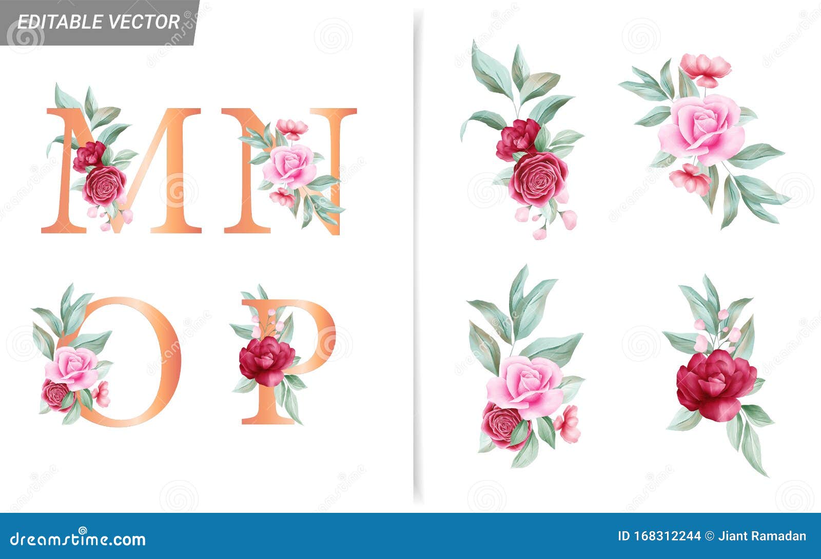 Floral monogram letter M. Initial alphabet with botanical elements