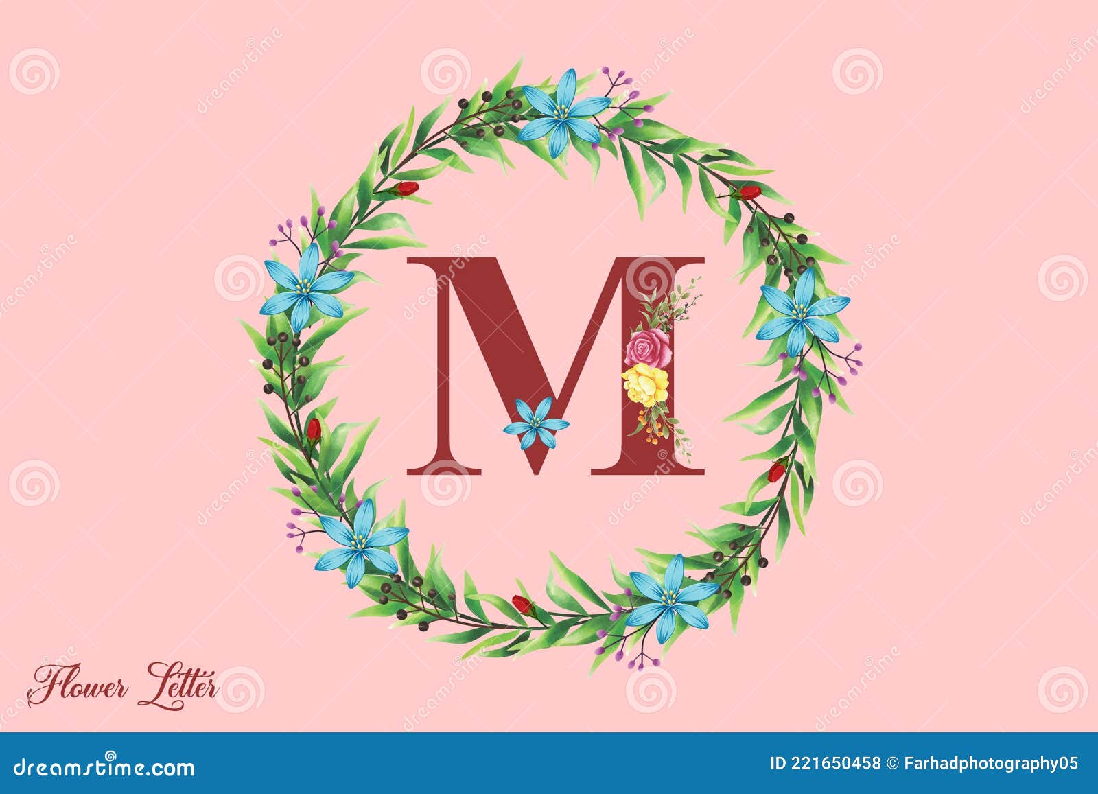 Letter M in watercolor flowers and leaves. Floral monogram