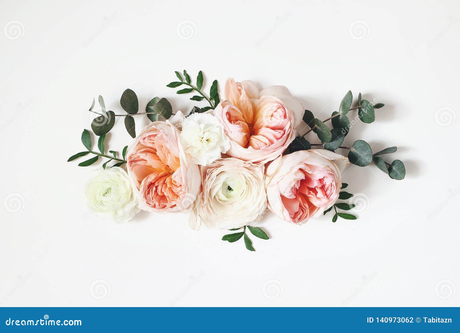 floral arrangement, web banner with pink english roses, ranunculus, carnation flowers and green leaves on white table