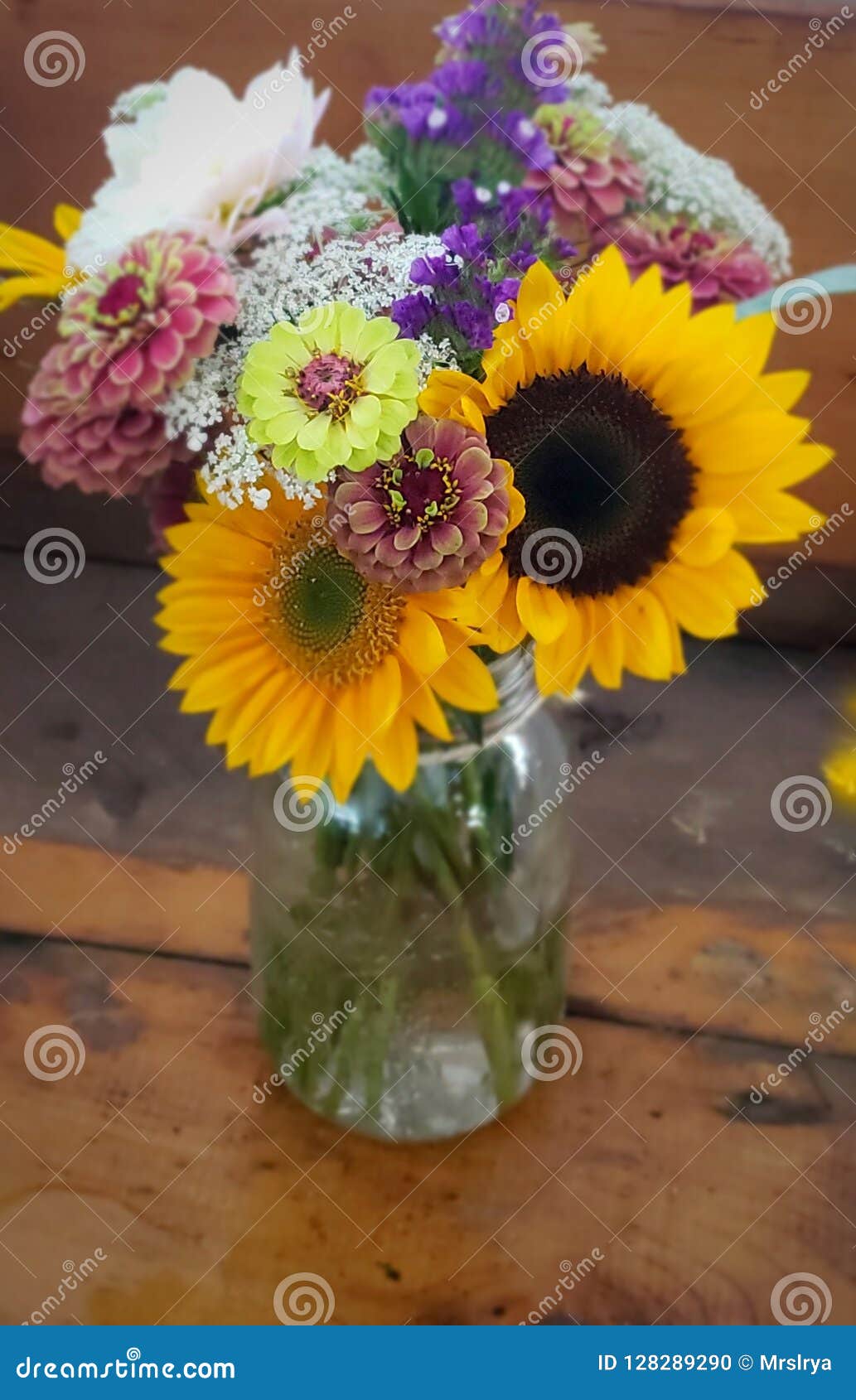 Autumn Flower Bouquet In Mason Jar Vase Stock Photo Image Of Colorful Purple 128289290