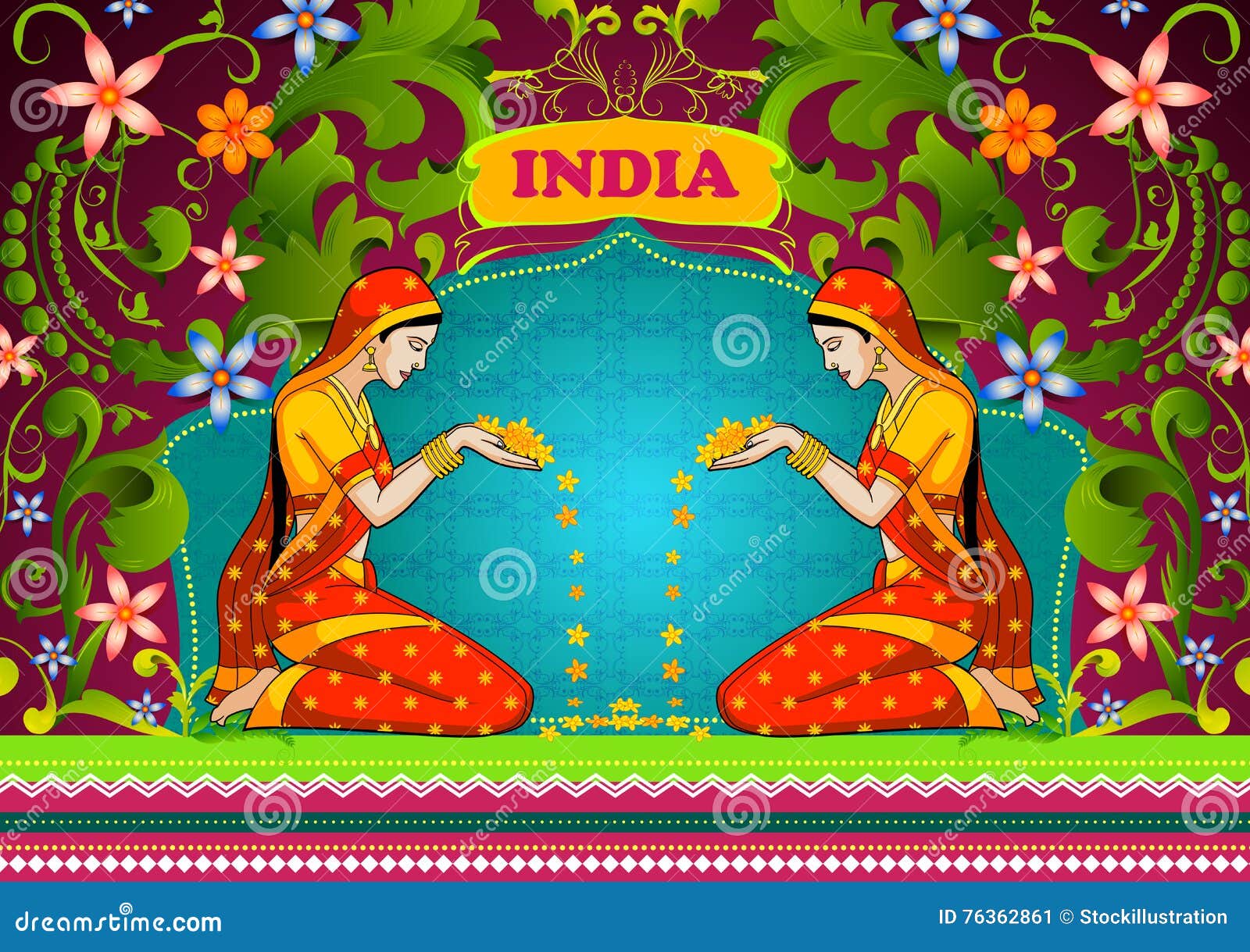 Floral Background With Indian Woman Welcoming Flower Showing Incredible India Stock Vector