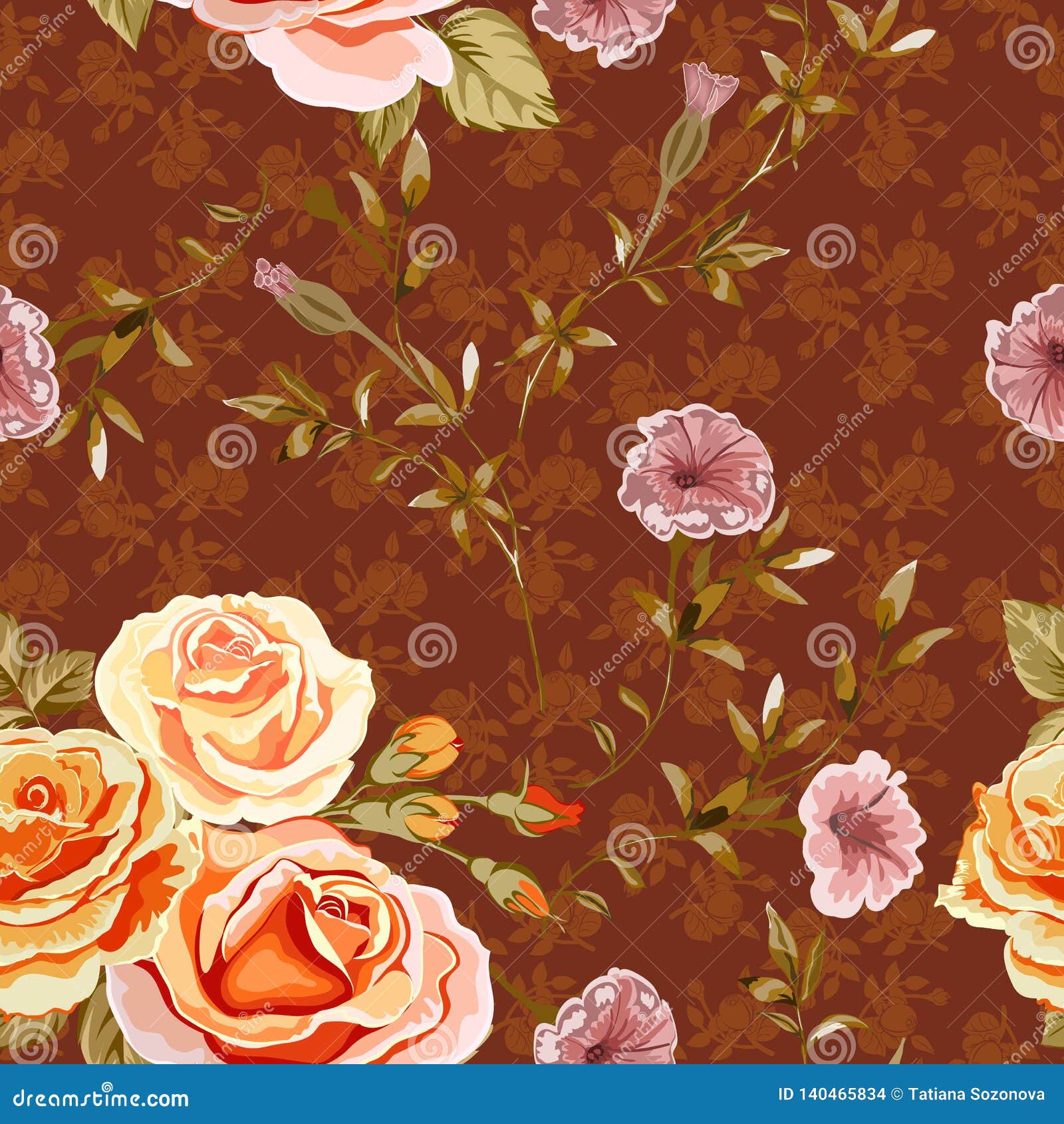 Floral Background with Yellow, Orange Roses Flowers on Red Brown Stock ...