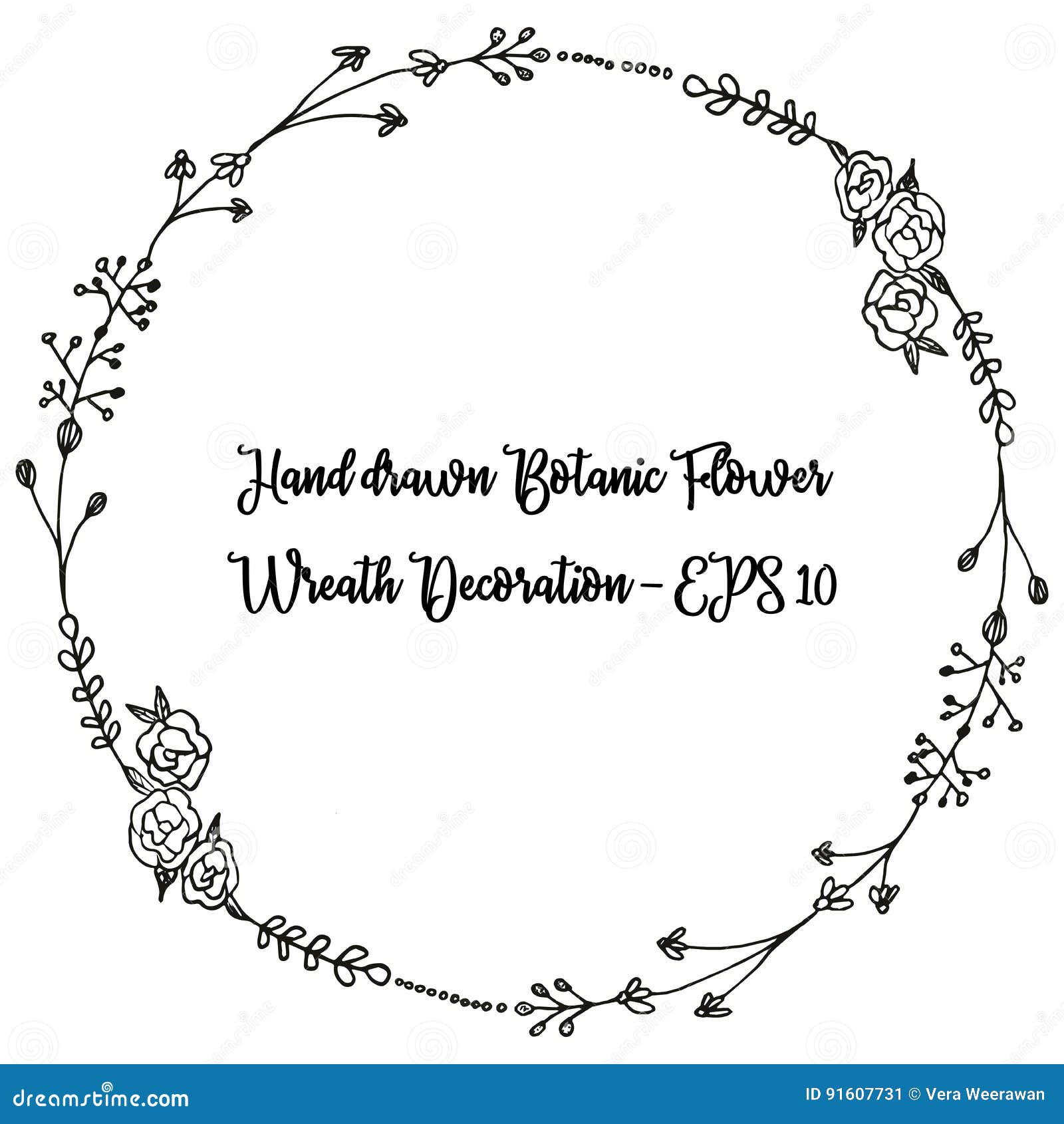 Floral Black And White Hand Drawn Wreath Vector Illustration Stock