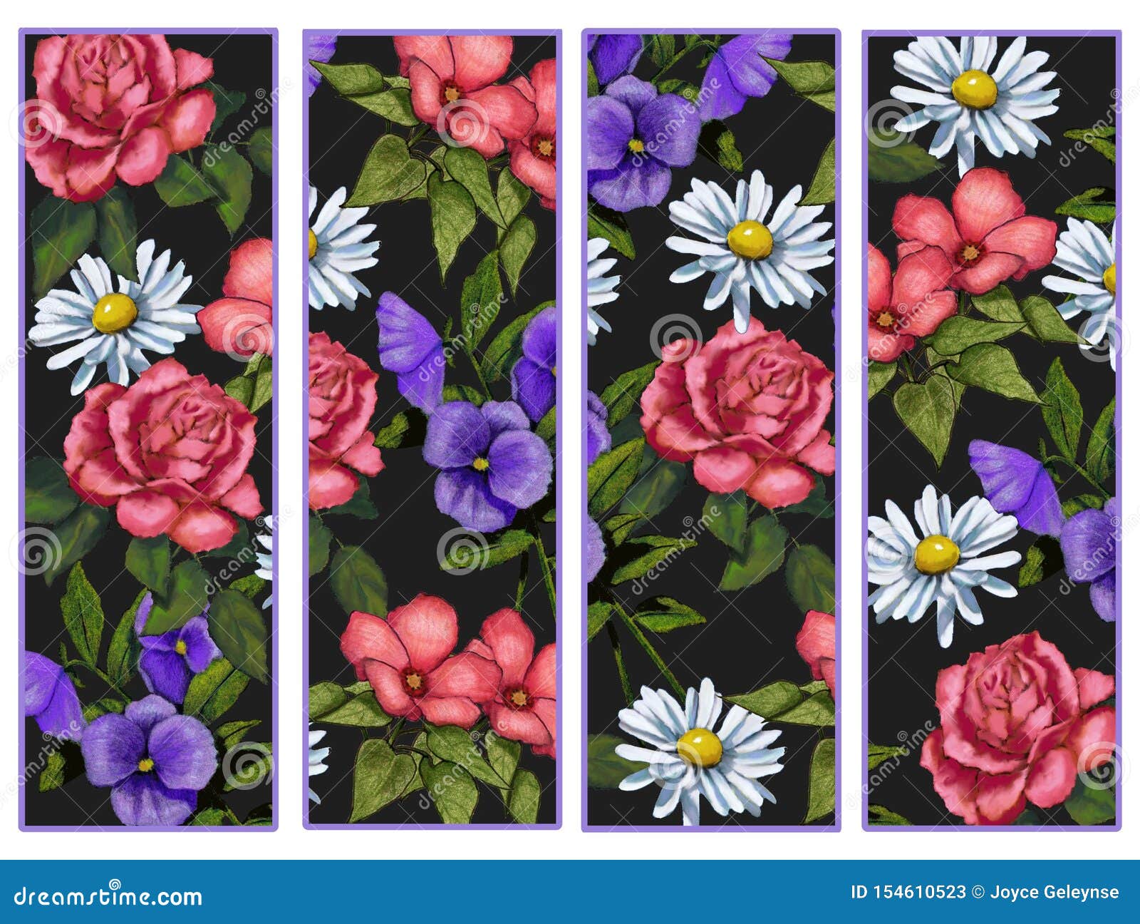 Floral Bookmarks, Set Of Four, Roses, Pansies, Daisies Stock Illustration -  Illustration Of Pansies, Chapters: 154610523