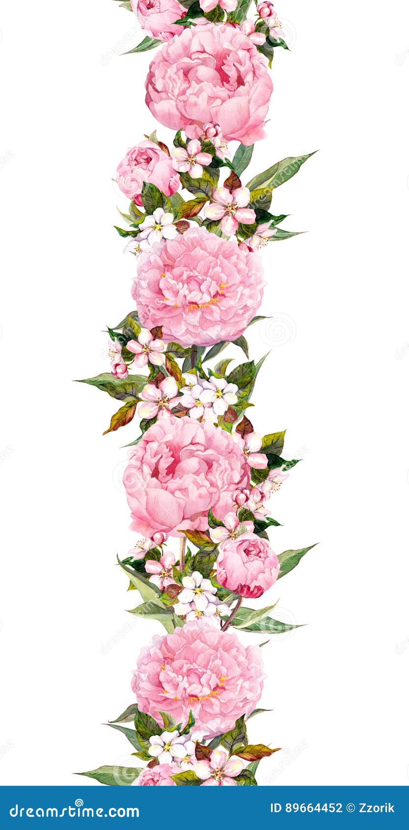 Floral Border - Peony and Cherry Blossom Flowers. Seamless Wedding