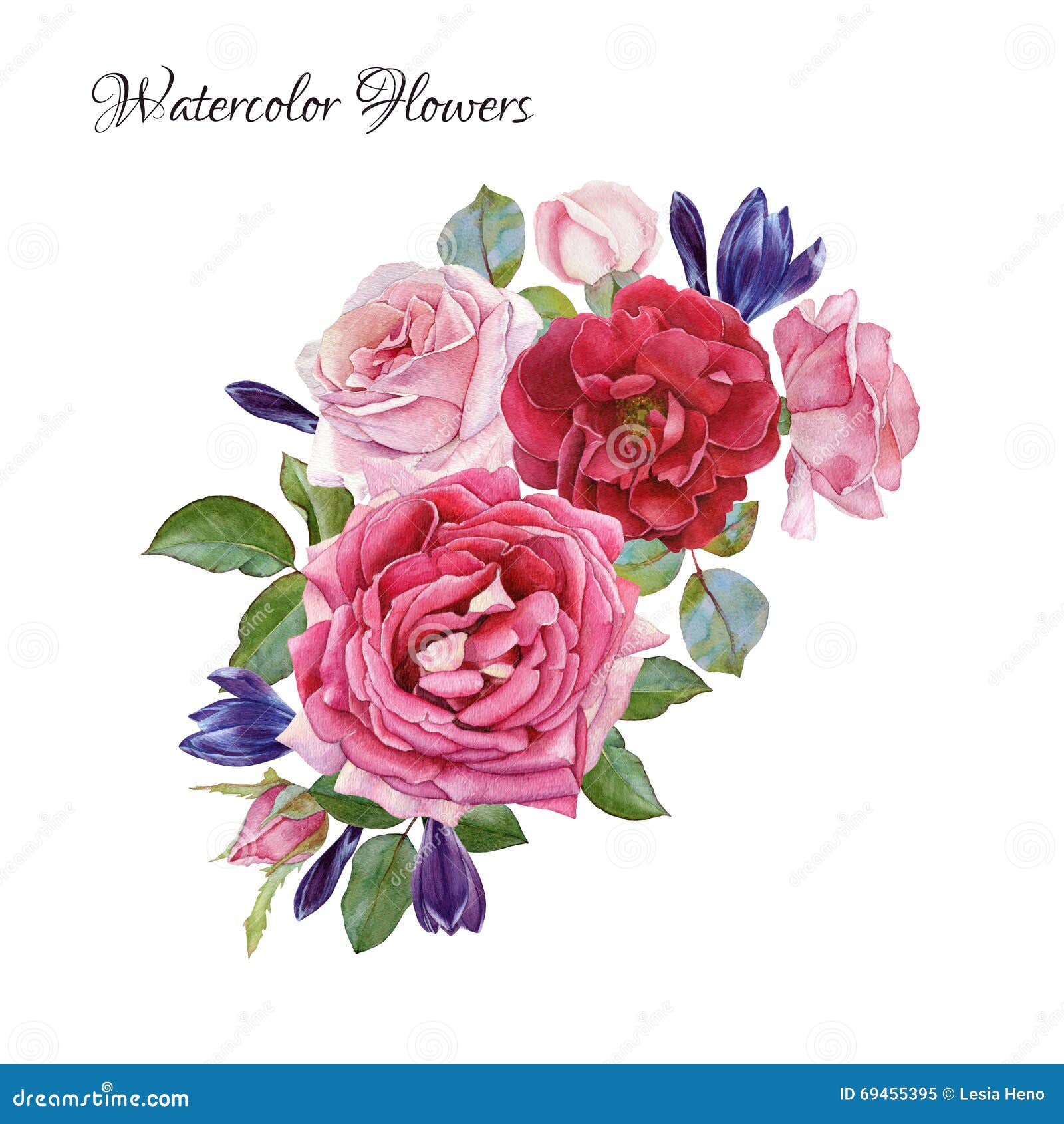 floral card. bouquet of watercolor roses and crocuses