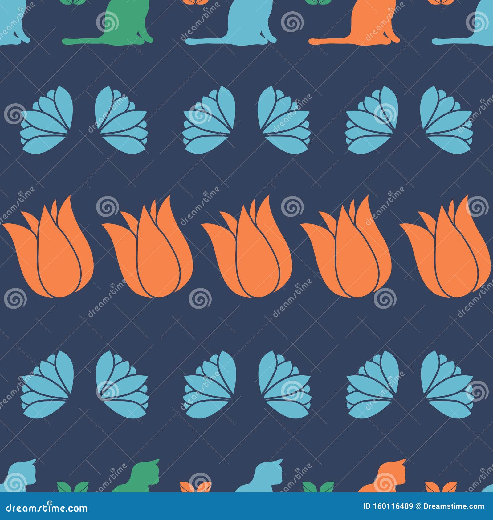 Download Floral Cat Silhouette Rows Vector Seamless Pattern Design ...
