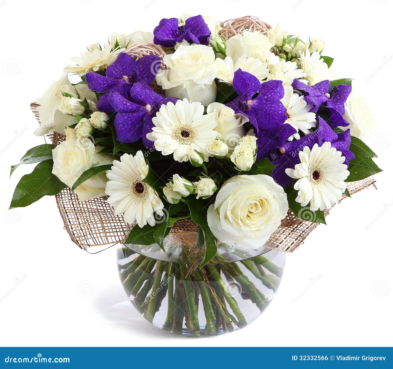 Floral Composition In Glass, Transparent Vase: White Roses, Violet