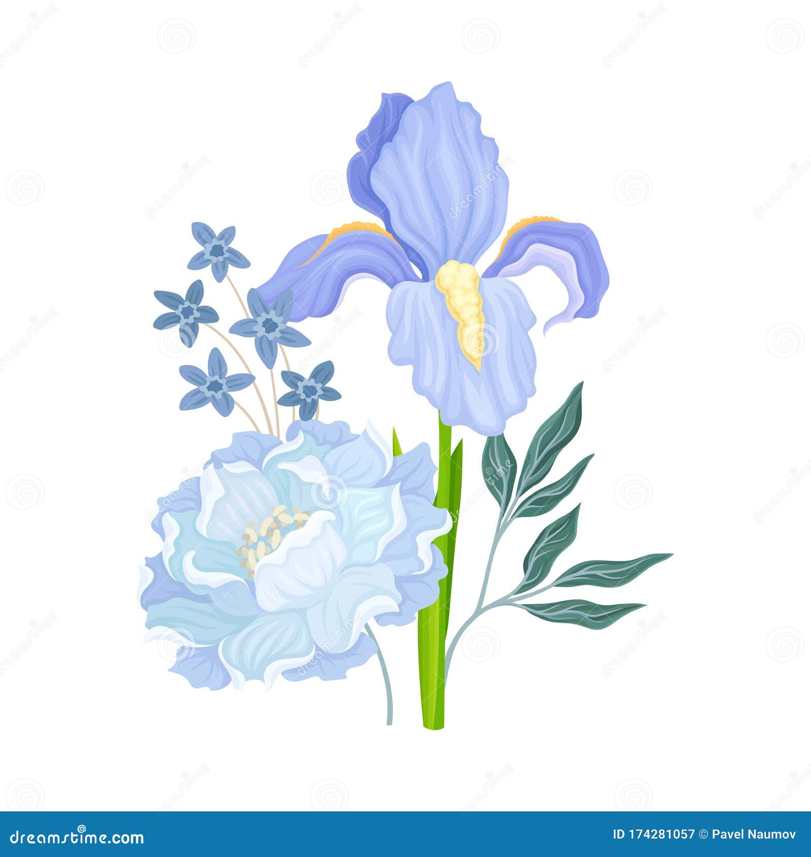 floral composition with iris flower on green erect stem  