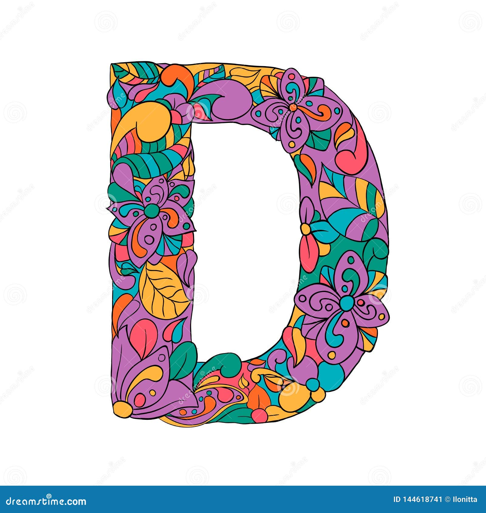 Floral D Letter Outline Vector Illustration Stock Vector - Illustration ...