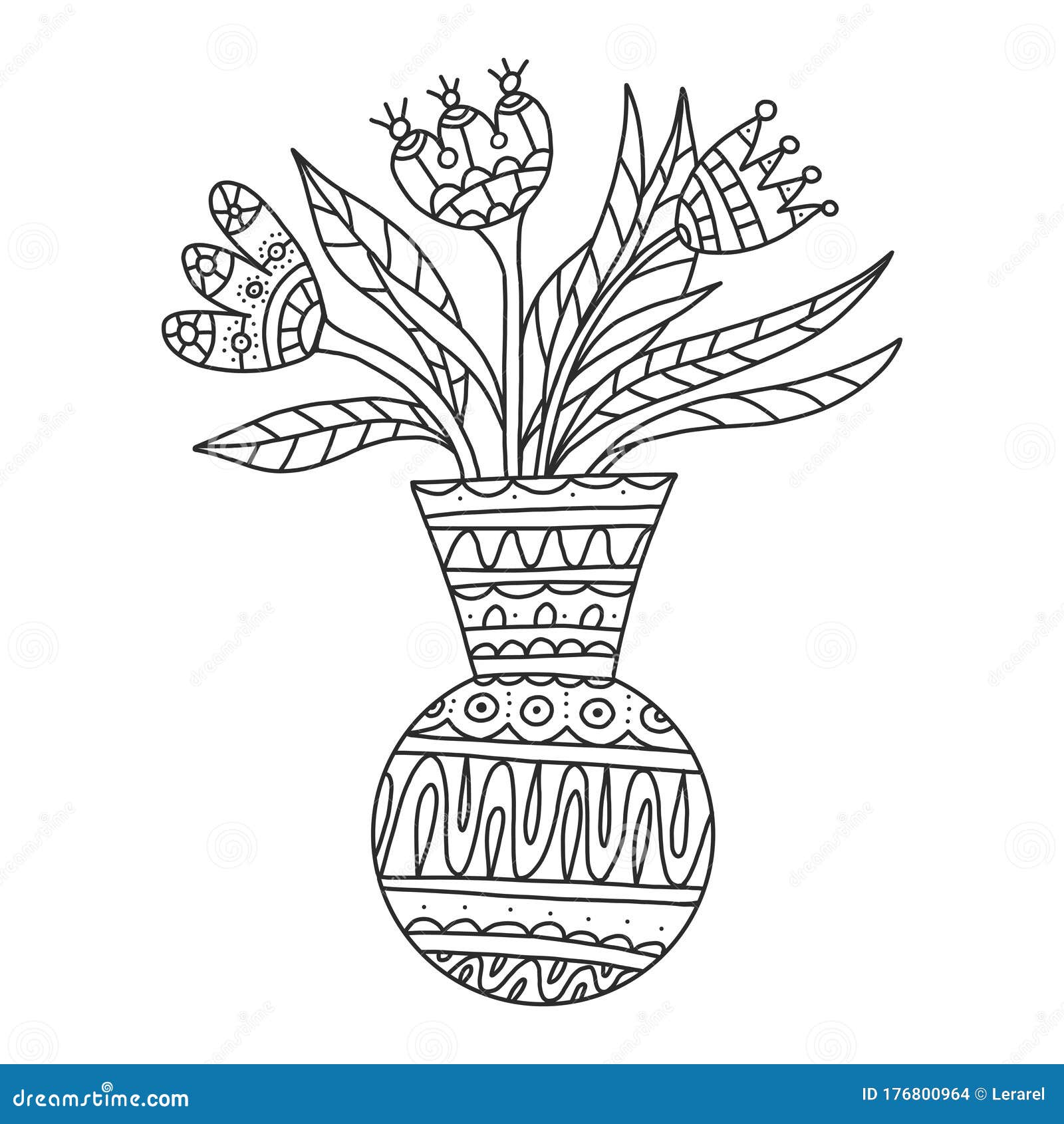 Dessin Bouquet De Fleurs Dans Un Vase Floral De Dodle Vectoriel Illustré En Noir Et Blanc. Bouquet De Fleurs Dans Un Vase. Fleurs De Livre De Coloriage Dans Un Vase Pou Illustration Stock - Illustration du lame, dessin: 176800964