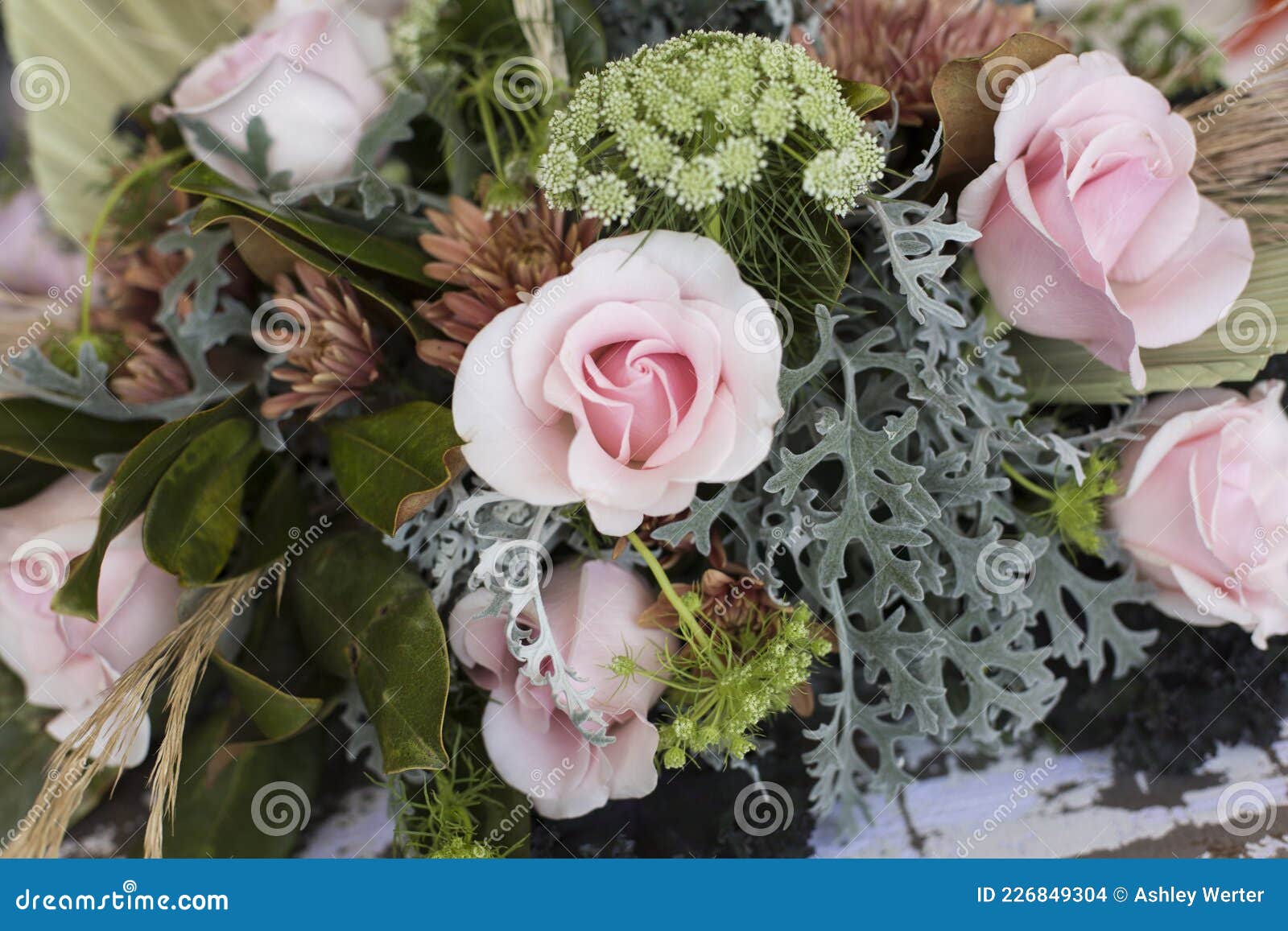 floral details of a wedding bouquet.