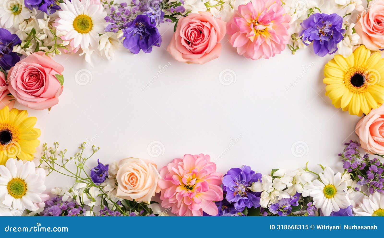 floral flat lay with delicate colors, copy space at center. generative ai