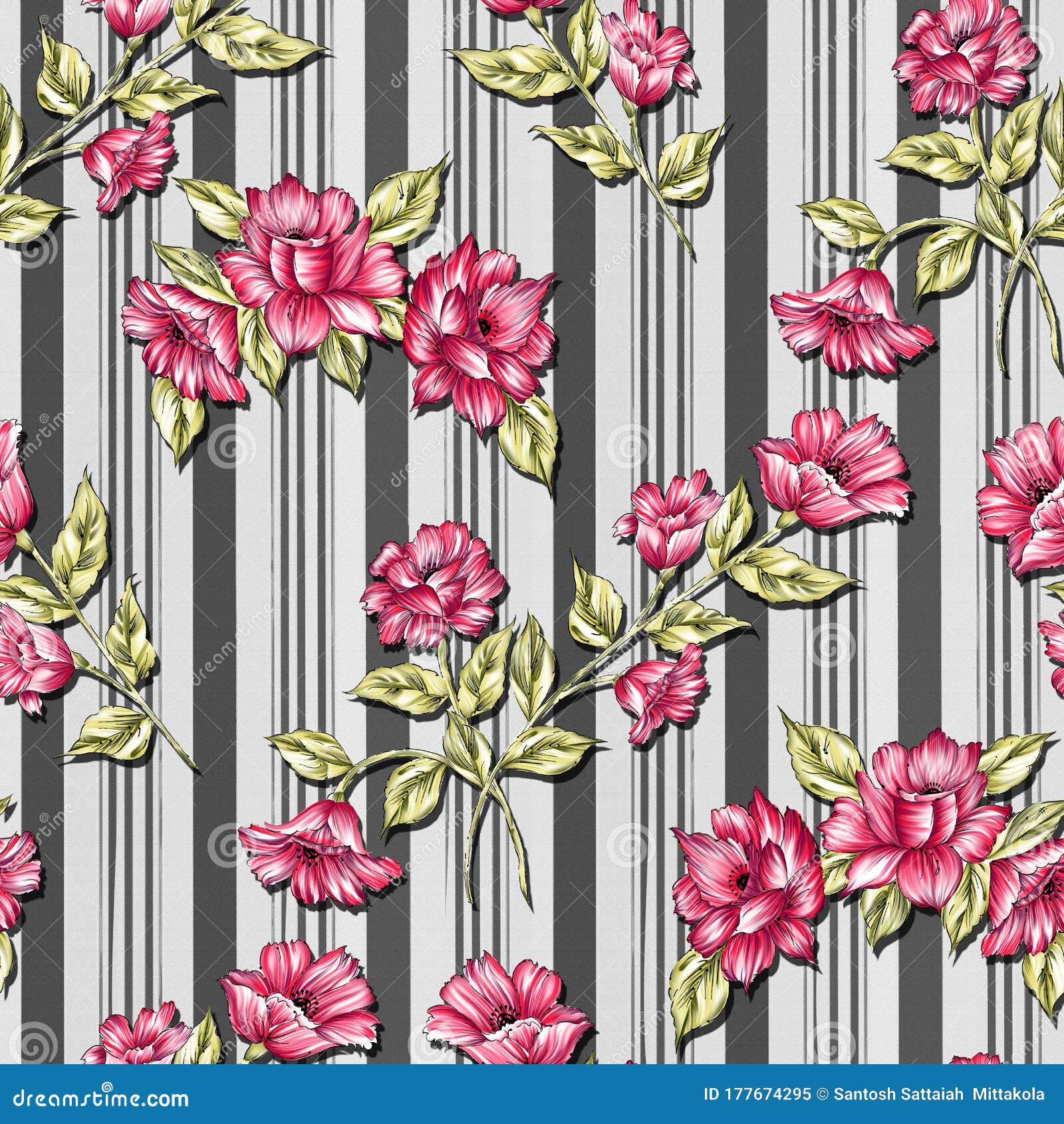 Floral Flower Pattern with Seamless Pattern and Stripe Background Stock