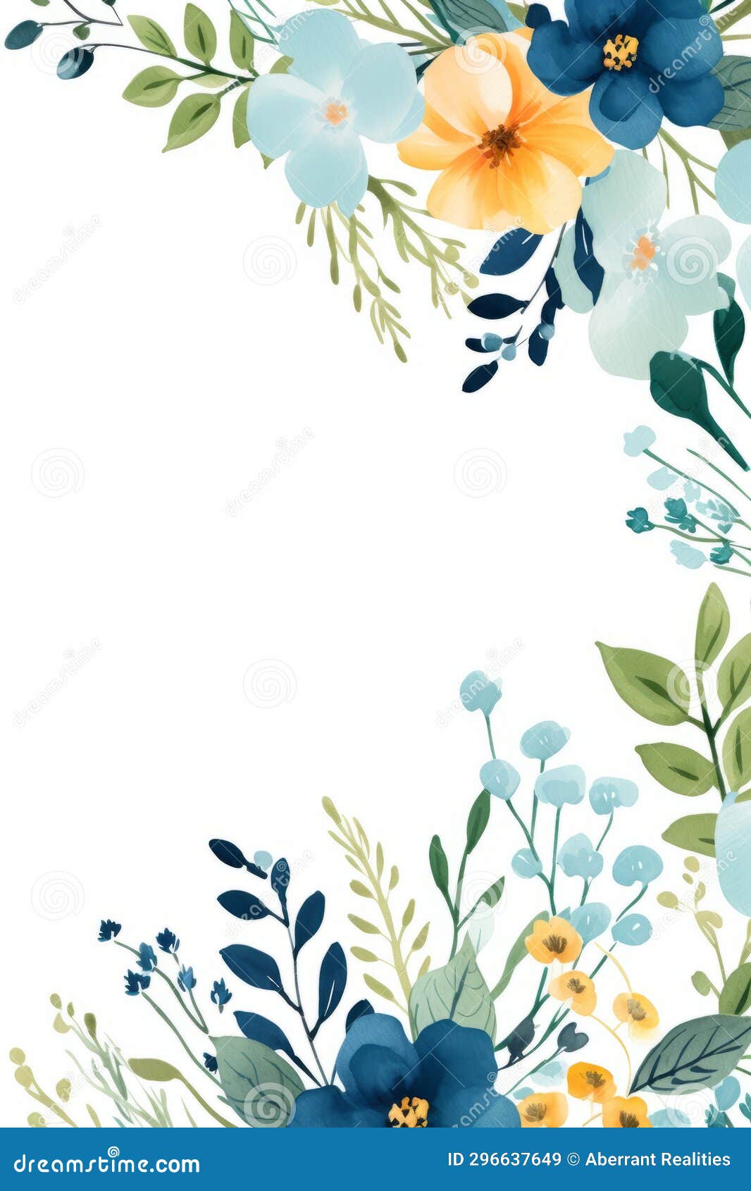 Floral Frame with Blue Yellow and Orange Flowers on a White Background