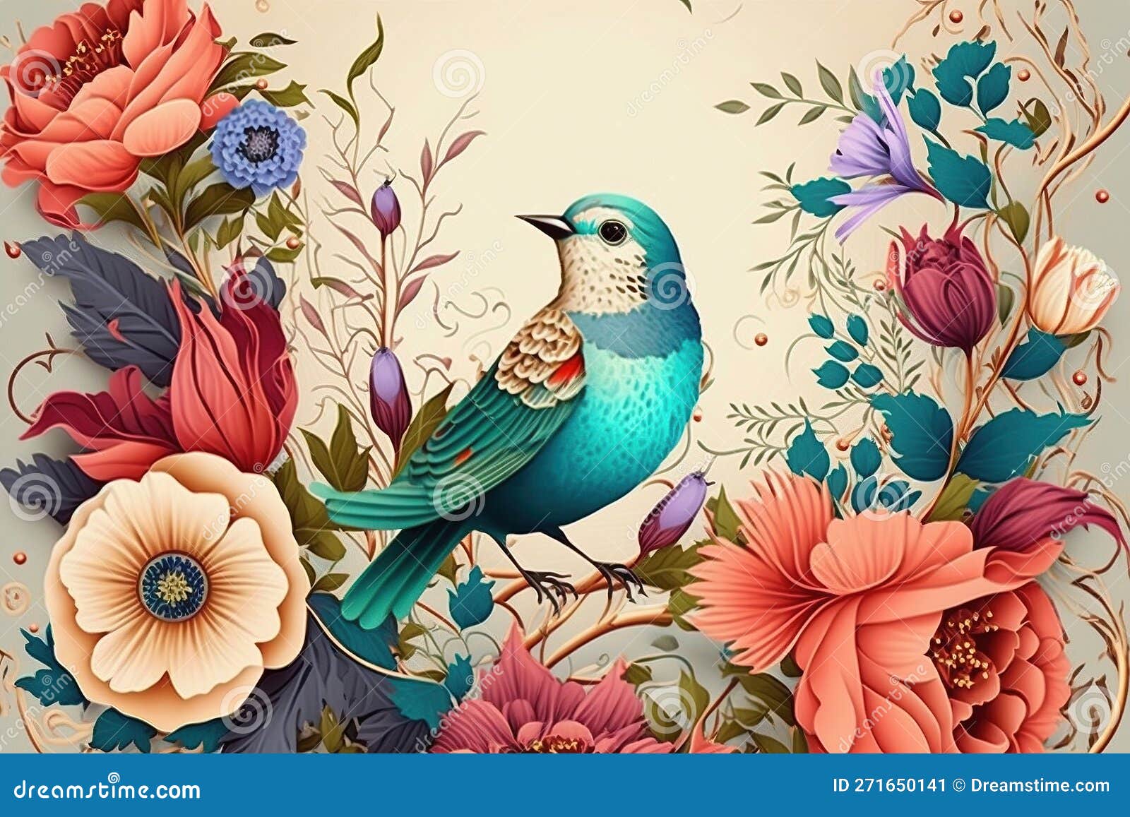 floral frame and colorful bird ,  generated by ai