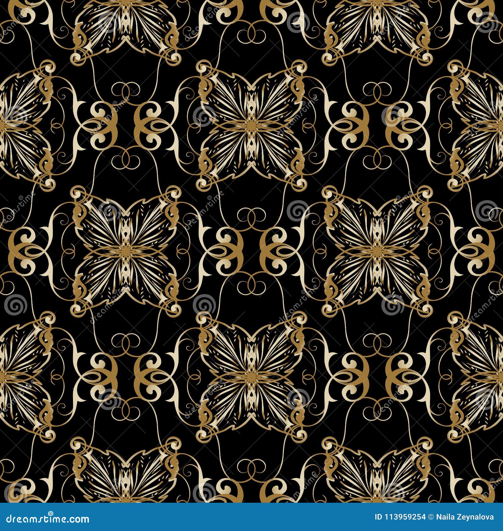 Floral Gold Baroque Seamless Pattern. Vector Vintage Black Background ...