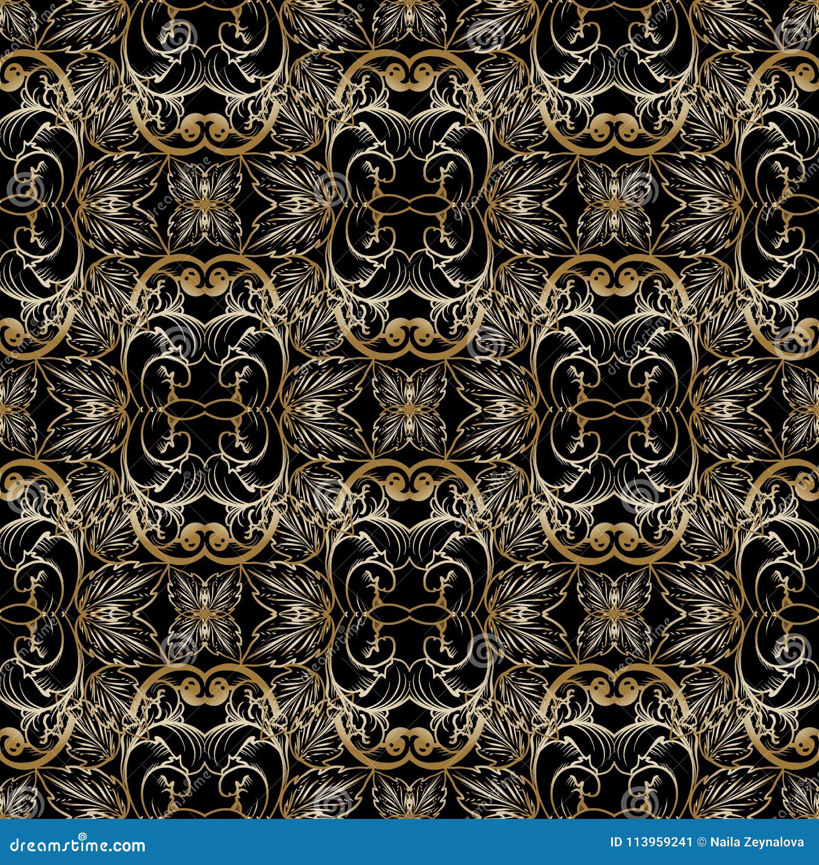 Floral Gold Baroque Seamless Pattern. Vector Vintage Black Background ...
