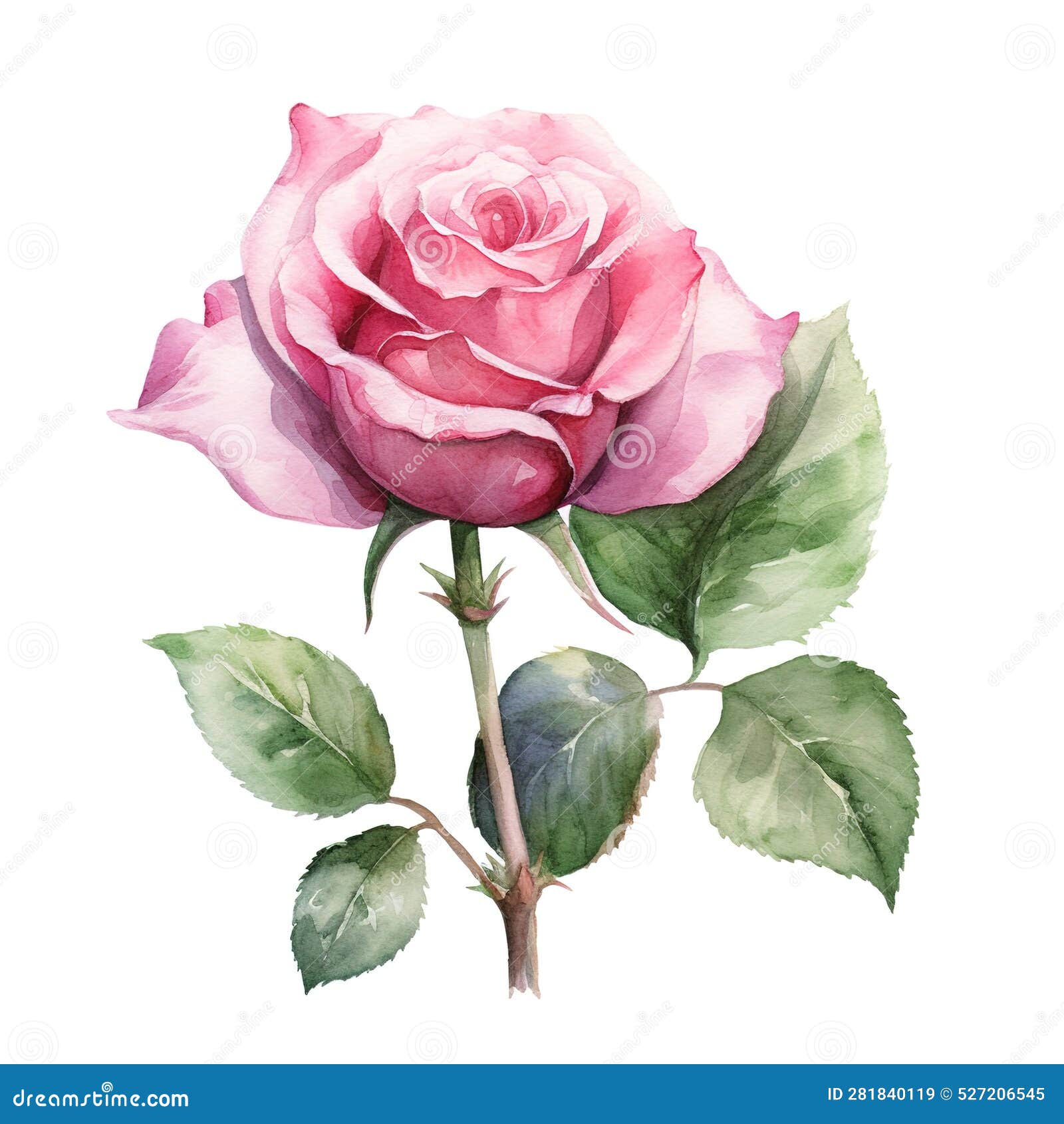 A Pink Rose with Green Leaves and a White Background.ai Generative ...