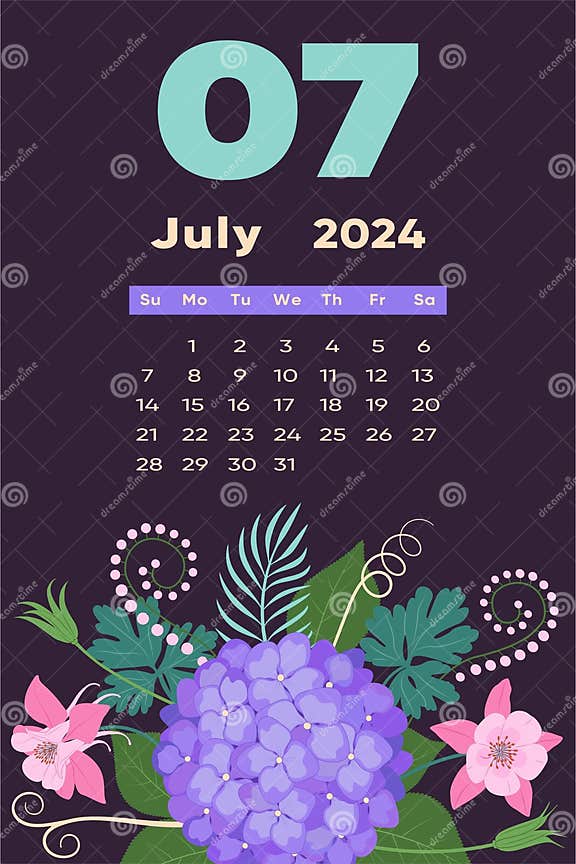Floral July 2024 Calendar Template. with Bright Colorful Flowers and
