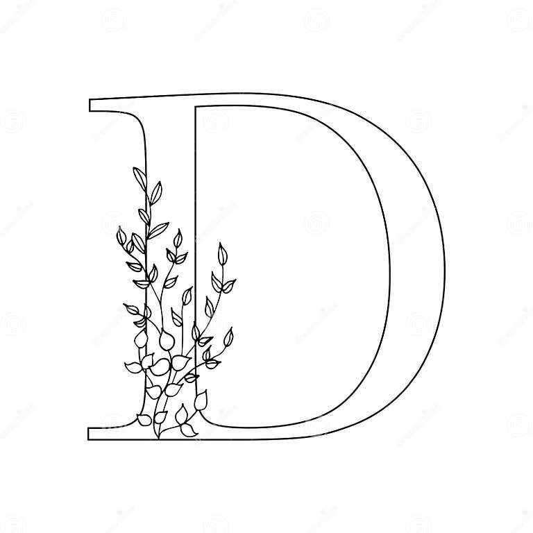 Floral Letter D. Romantic Lettering Design with Flowers Stock