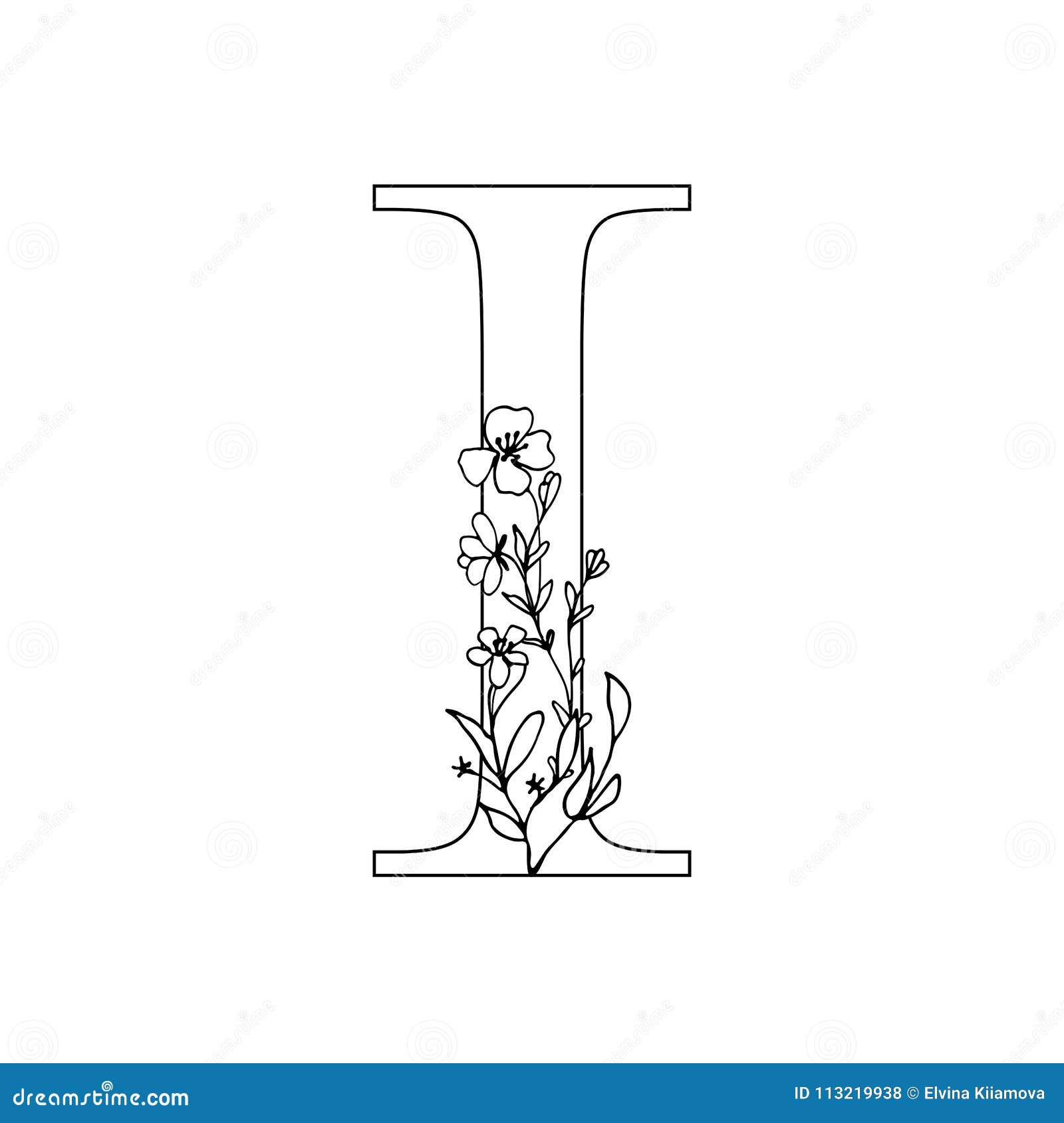 Floral Letter I. Romantic Lettering Design with Flowers Stock
