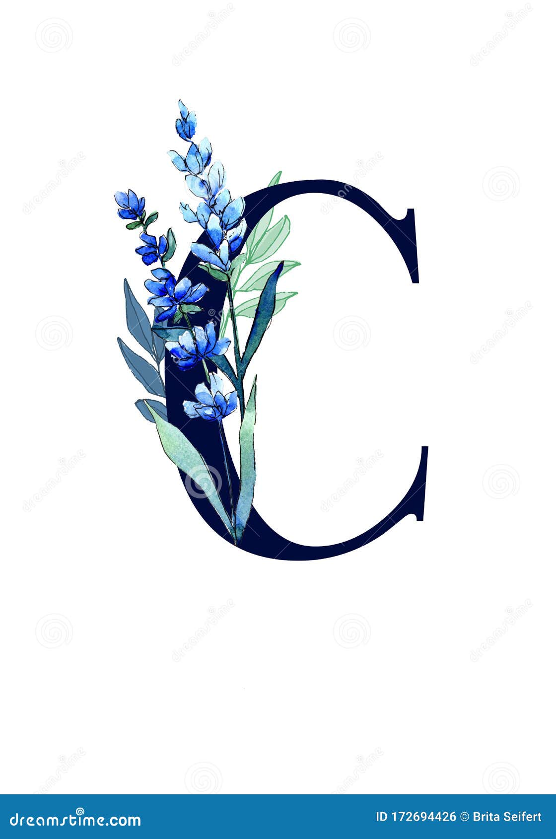 Letter A in blue watercolor flowers and leaves. Floral monogram