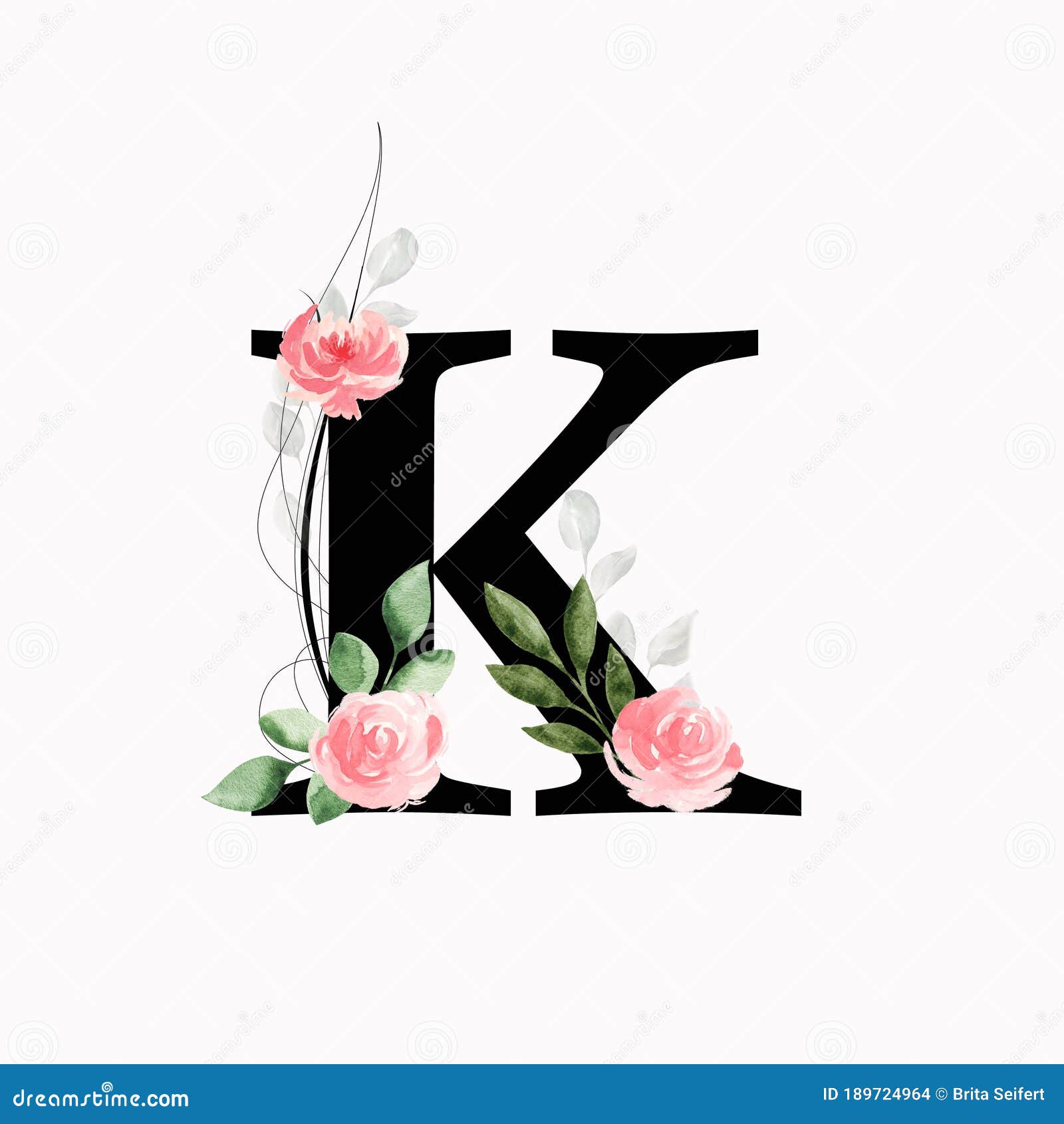 Floral Monogram Letter K Decorated With Pink Roses And Leaves