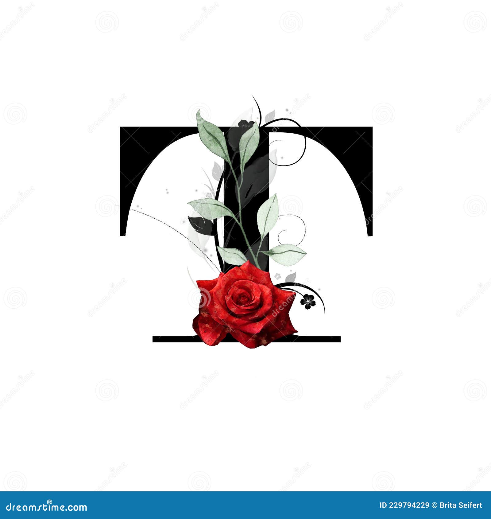 Floral Monogram, Letter T - Decorated with Red Rose and Watercolor ...