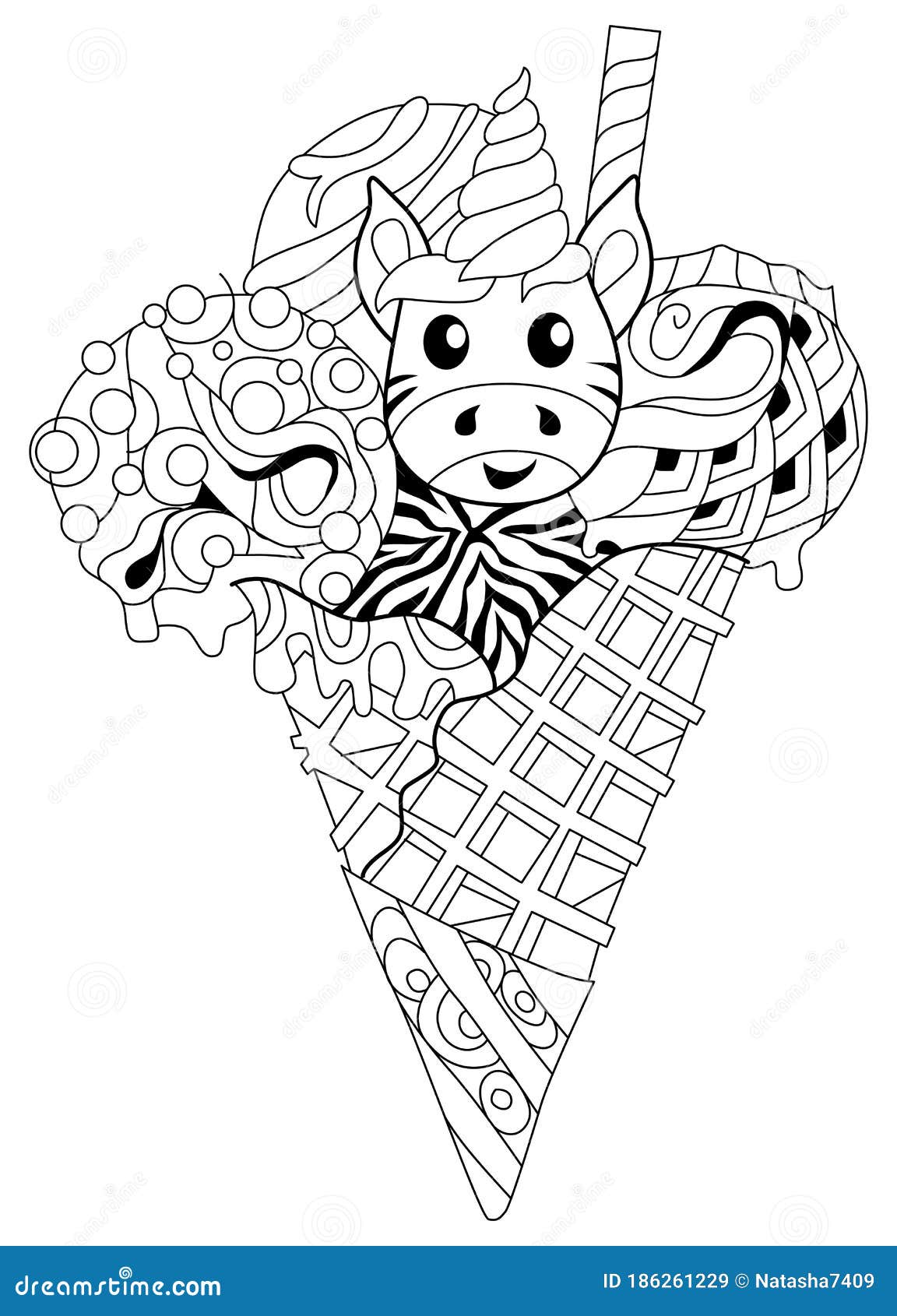 Ice Cream with Unicorn Head. Drawn in Black and White Outline for