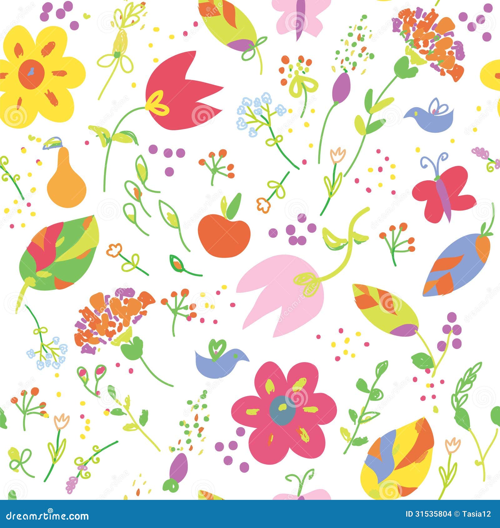 Floral Painting Seamless Wallpaper With Fruits Fun Stock 