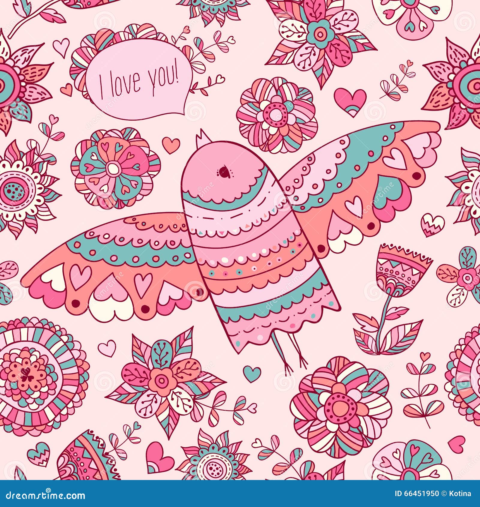 floral pattern with bird. valentine's background with text i love you