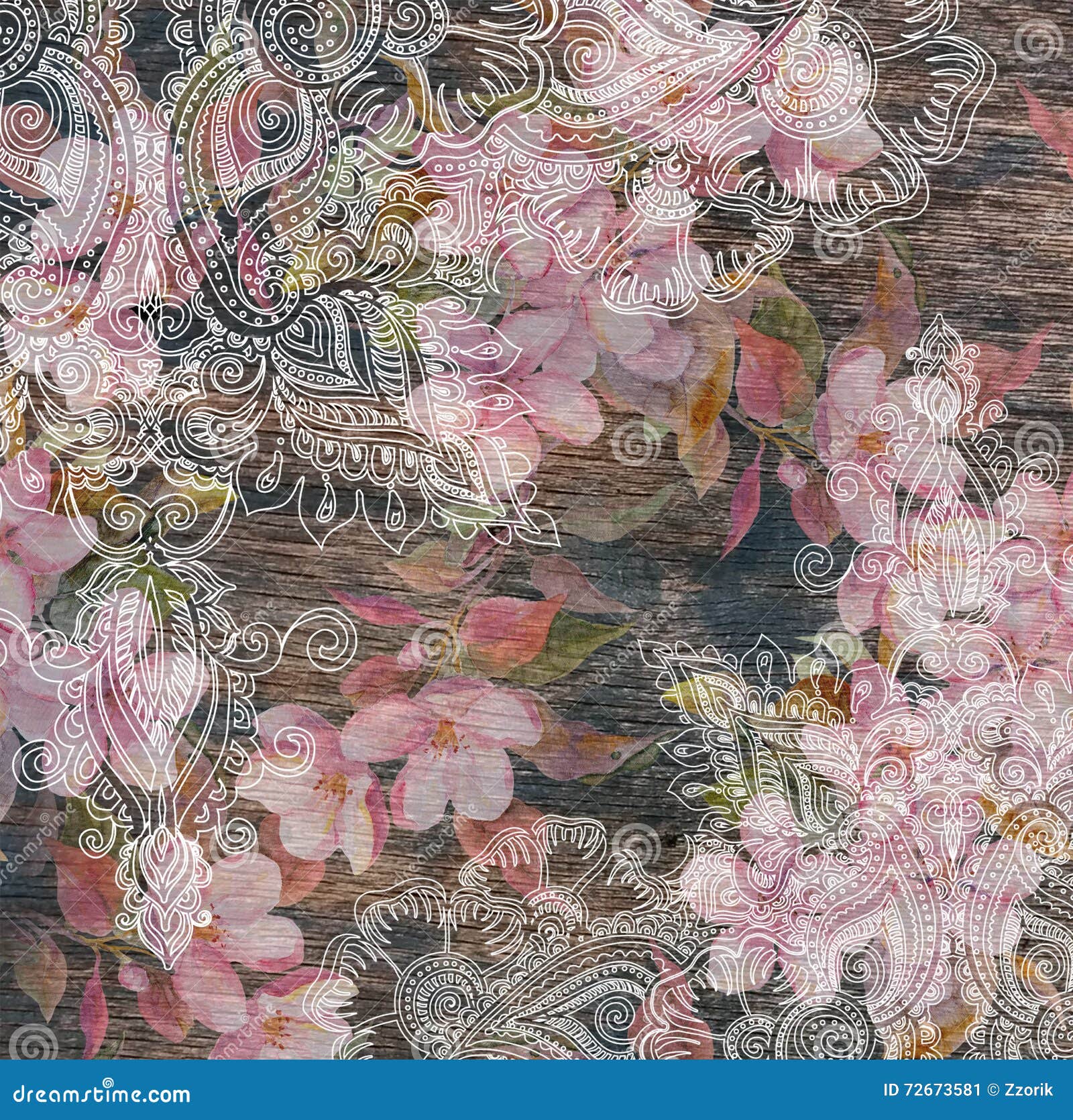 floral pattern - pink flowers, eastern ethnic , wood texture