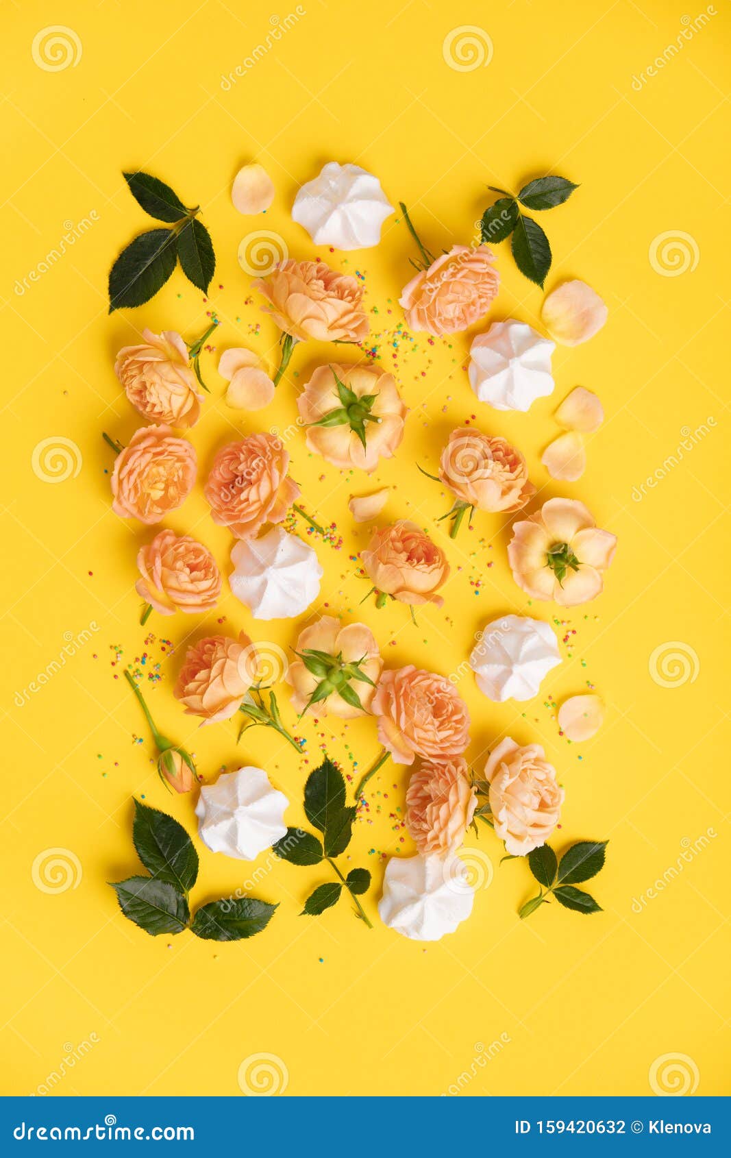 Floral pattern with red roses, petals and leaves on white