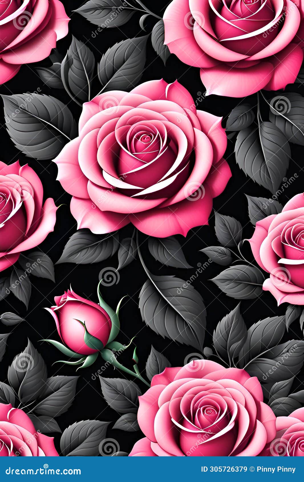 floral pattern wallpaper art, with blooming rose flower and fundo black, leaves, abstract pattern