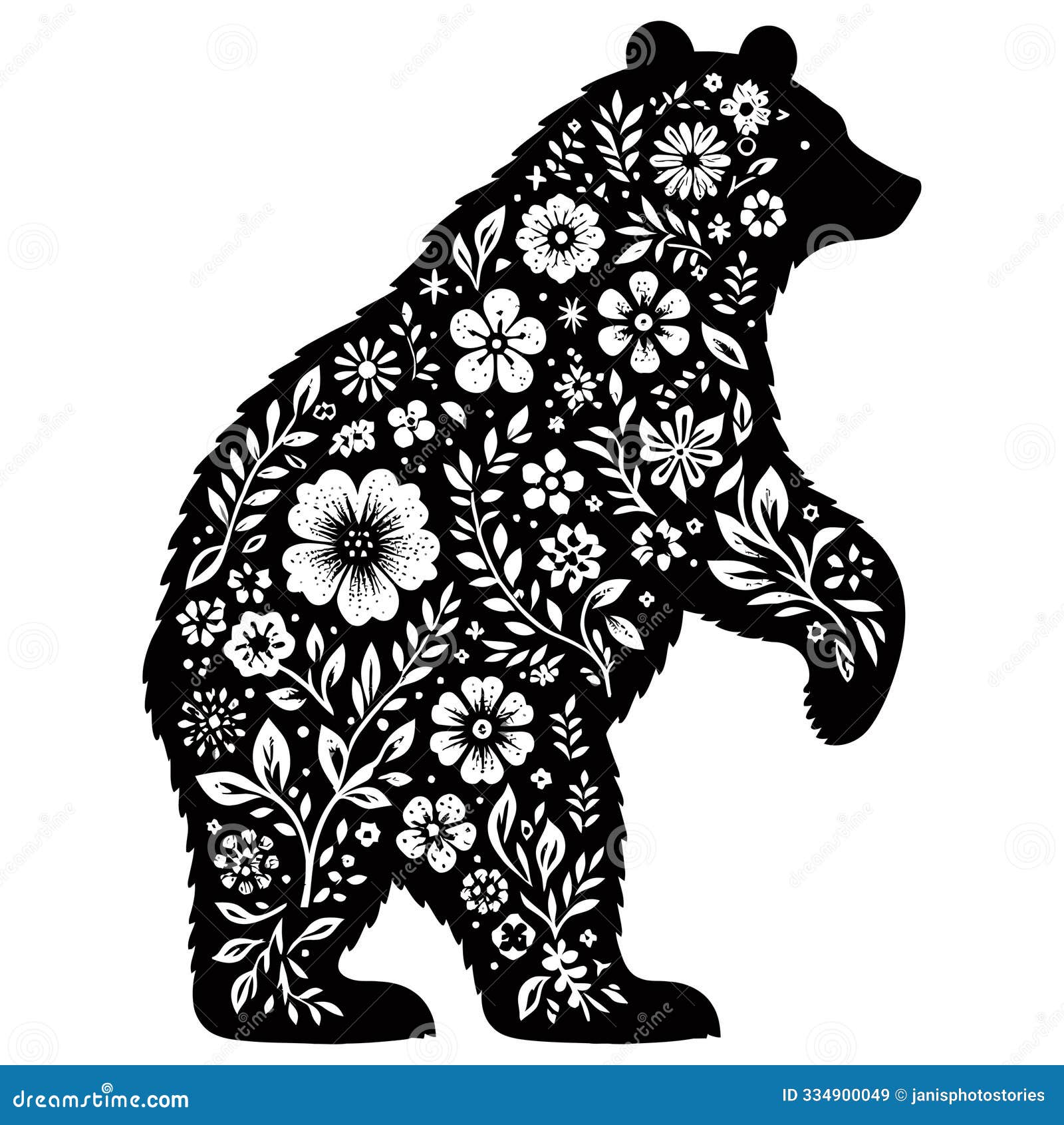 Floral Patterned Bear Silhouette Vector Illustration Black and White,  Isolated on White Background Stock Vector - Illustration of wild, fauna:  334900049, image size:1600x1690