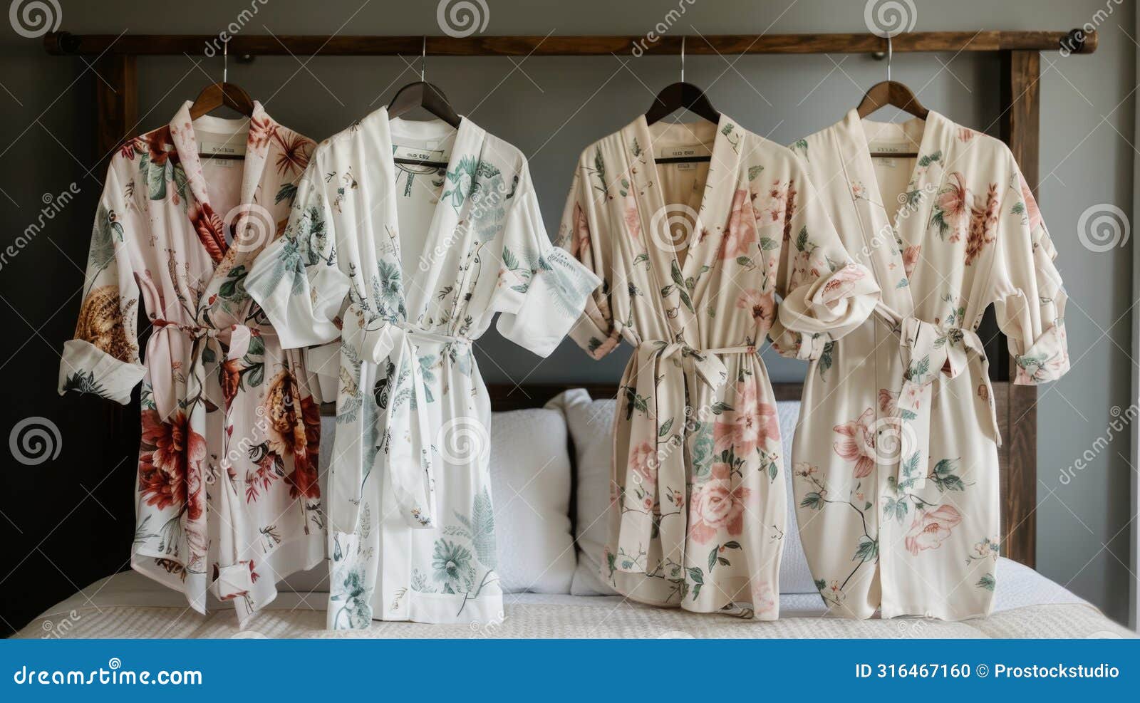 floral robes hanging in bedroom setting