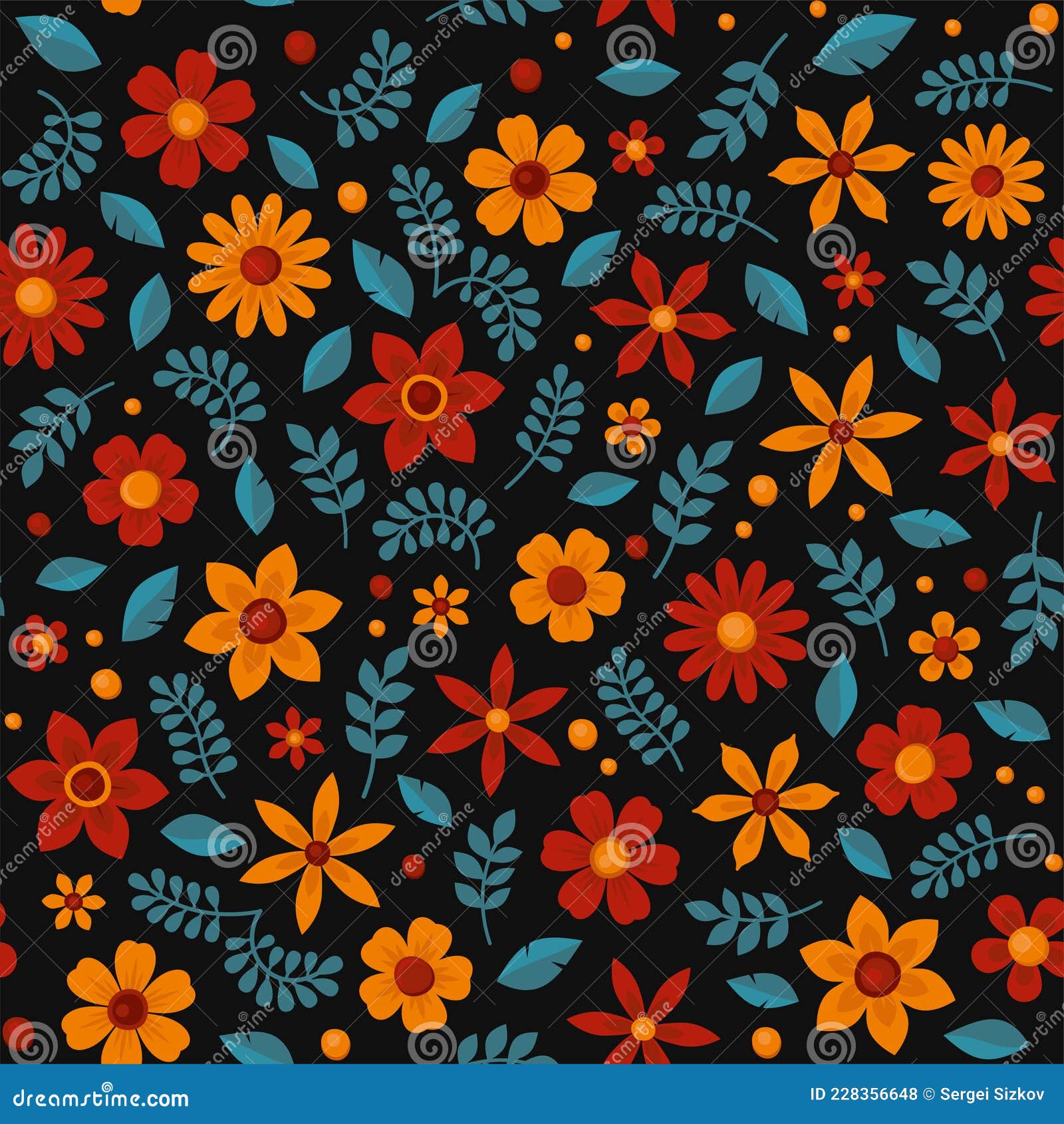 Floral Seamless Pattern on Black Background. Vector Stock Vector