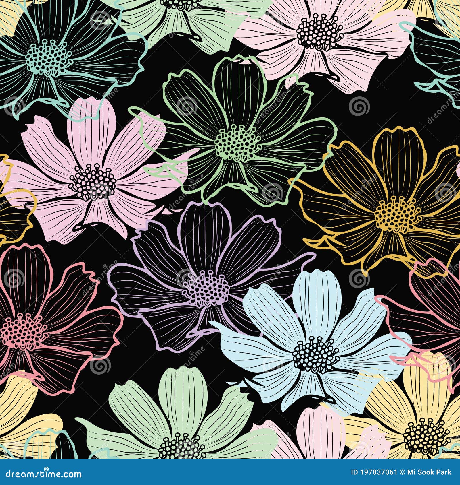Floral Seamless Pattern with Cosmos Flower. Pastel Outline Flowers on Black  Background Design Stock Vector - Illustration of outline, decor: 197837061