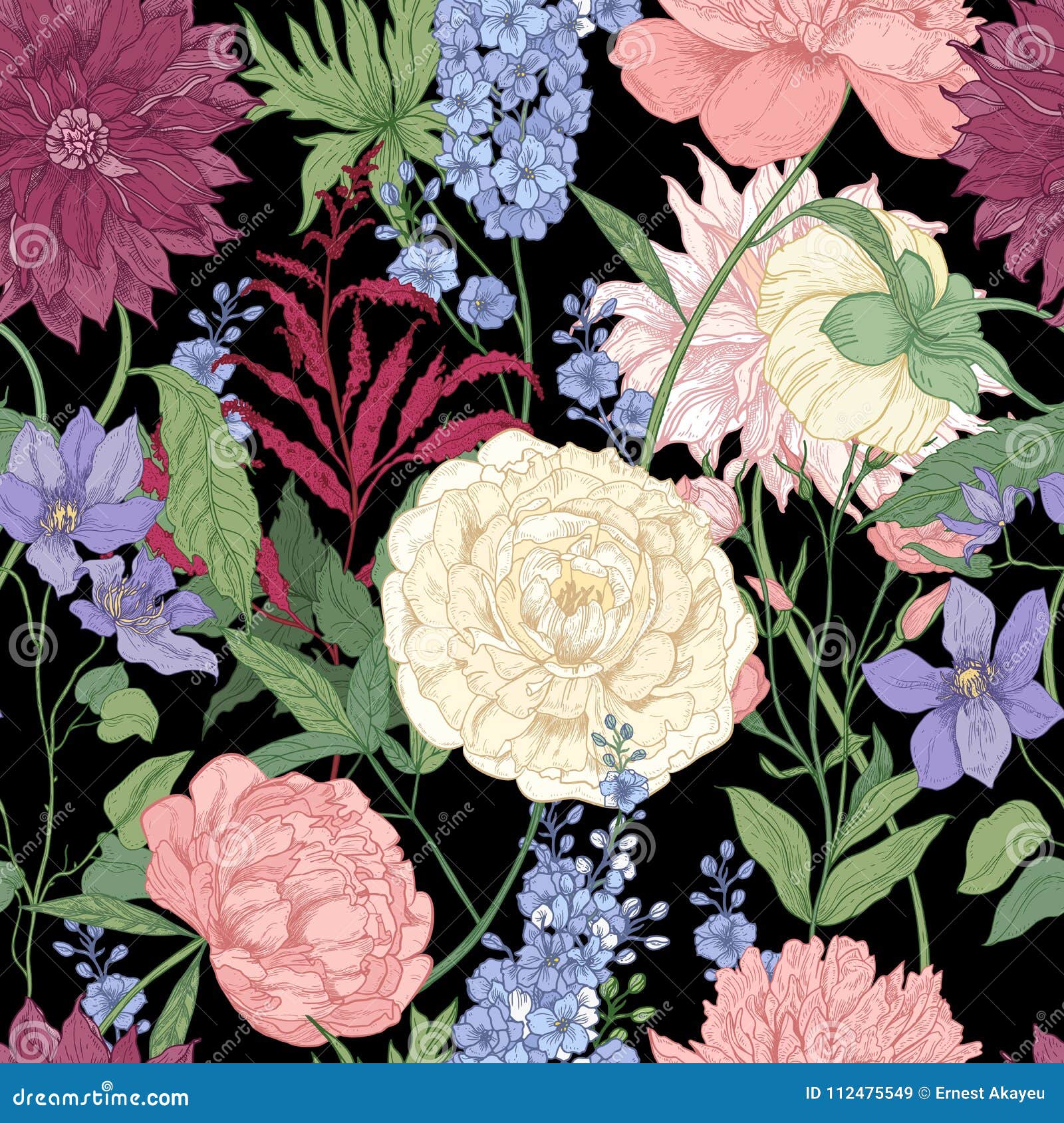 floral seamless pattern with elegant flowers and flowering plants used in floristry hand drawn on black background