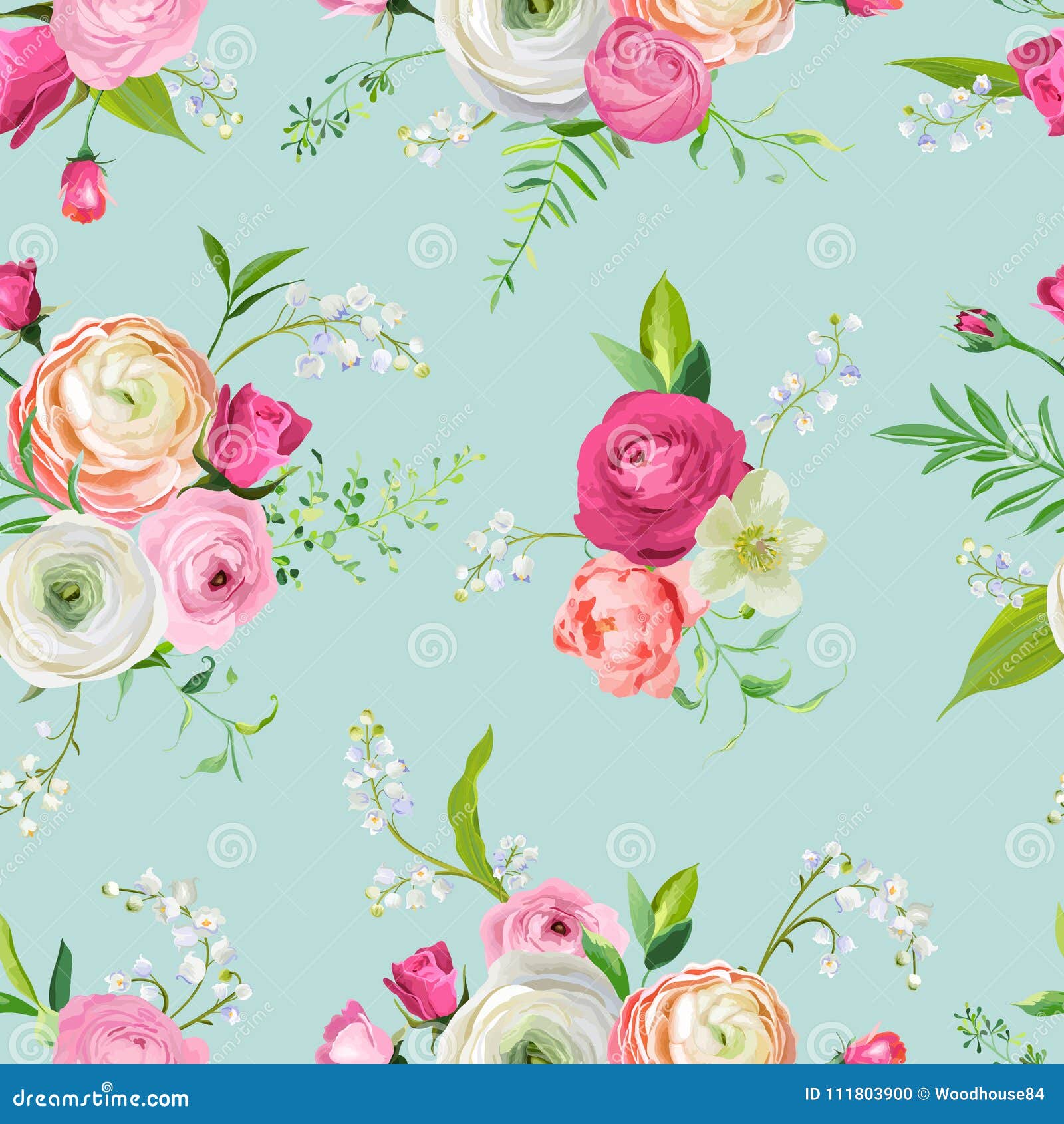 Floral Seamless Pattern with Pink Flowers and Lily. Botanical Background  for Fabric Textile, Wallpaper, Wrapping Paper Stock Vector - Illustration  of garden, artwork: 111803900