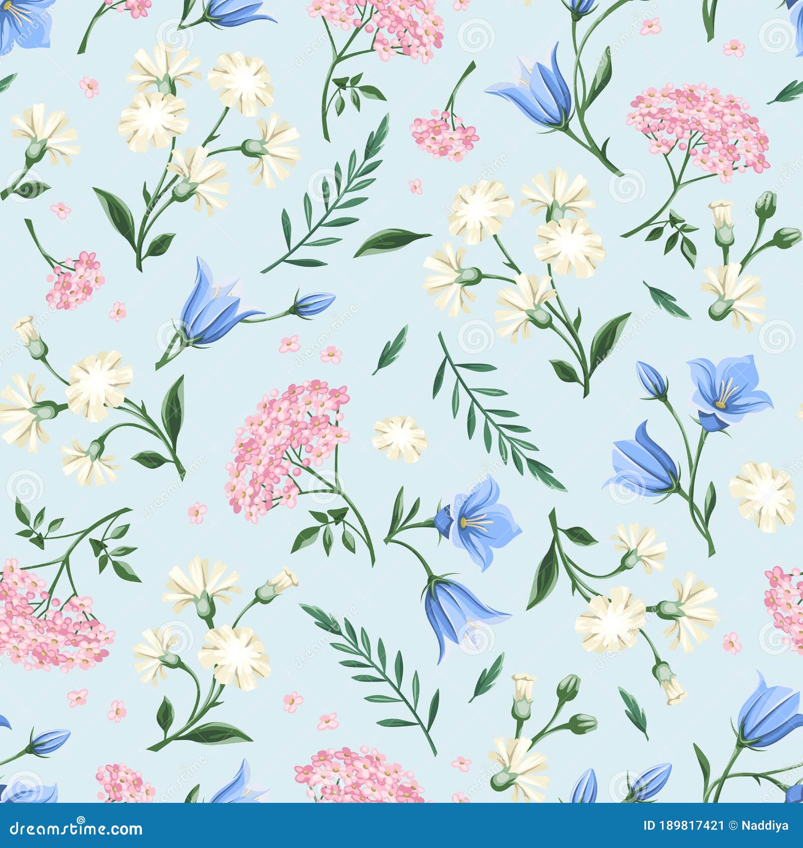 Floral Seamless Pattern with Pink, White and Blue Flowers. Vector ...