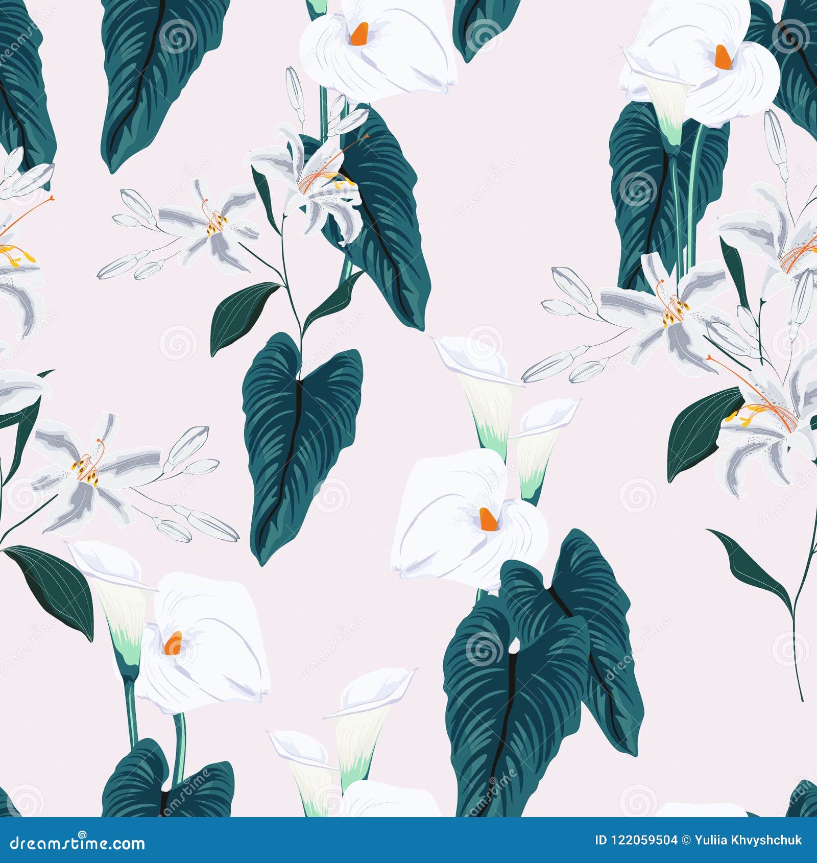 Floral Seamless Pattern With White Lilies Flowers Spring Blooming