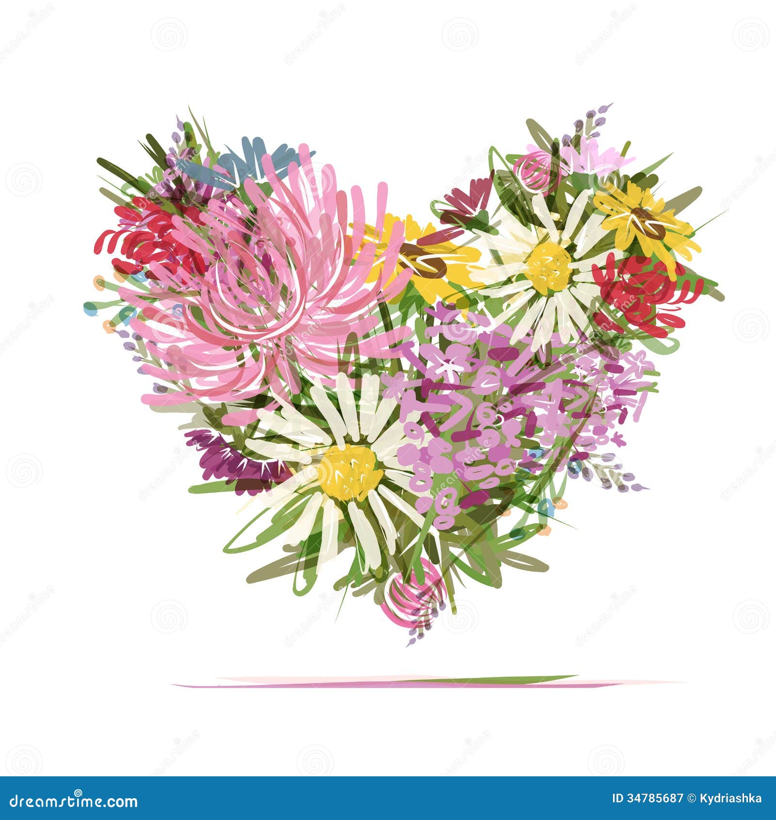 Floral Summer Bouquet, Heart Shape for Your Design Stock Vector Illustration of pink, garden
