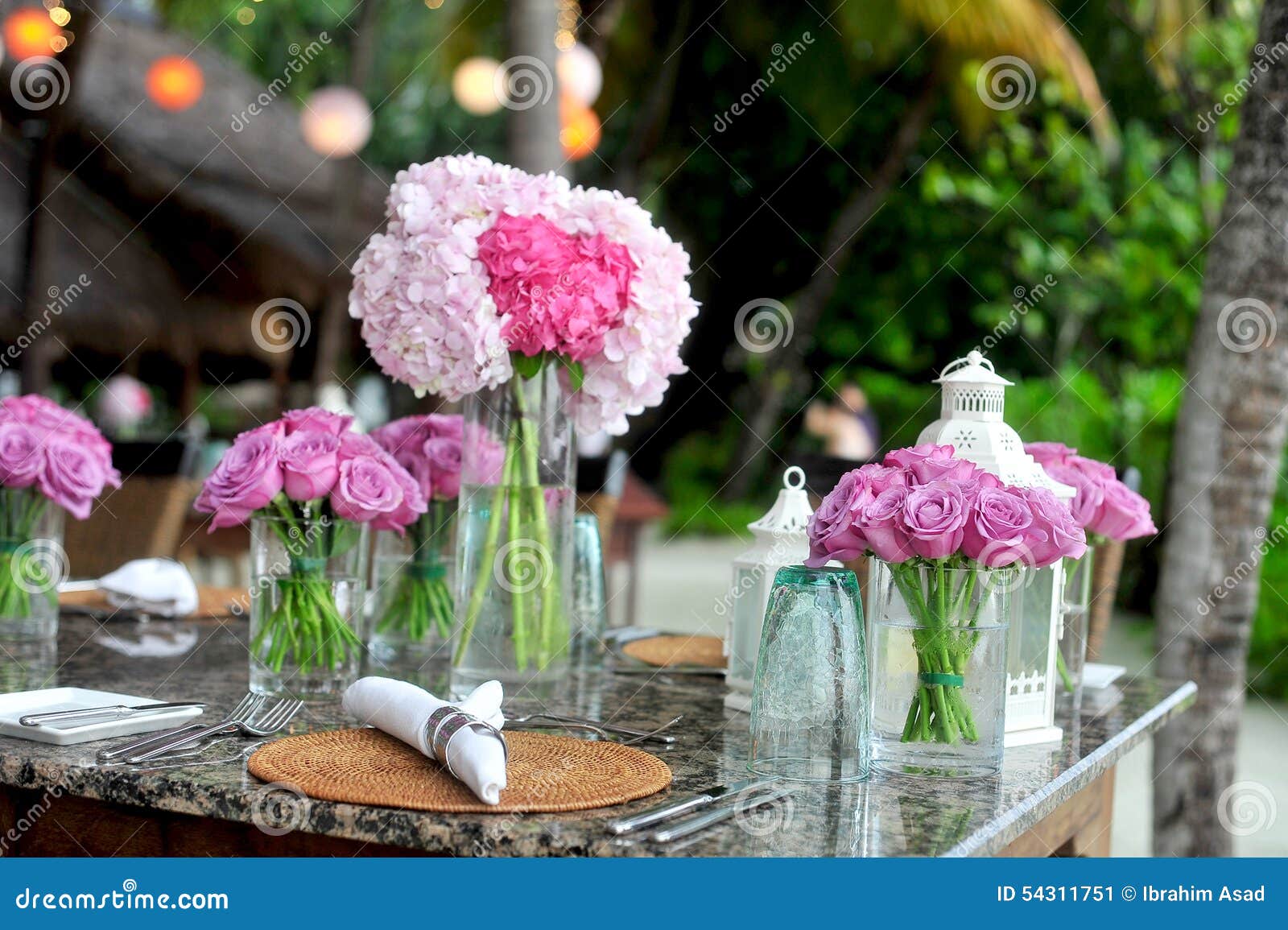 Floral Table Centerpiece Setup in Maldives Beach Stock Image